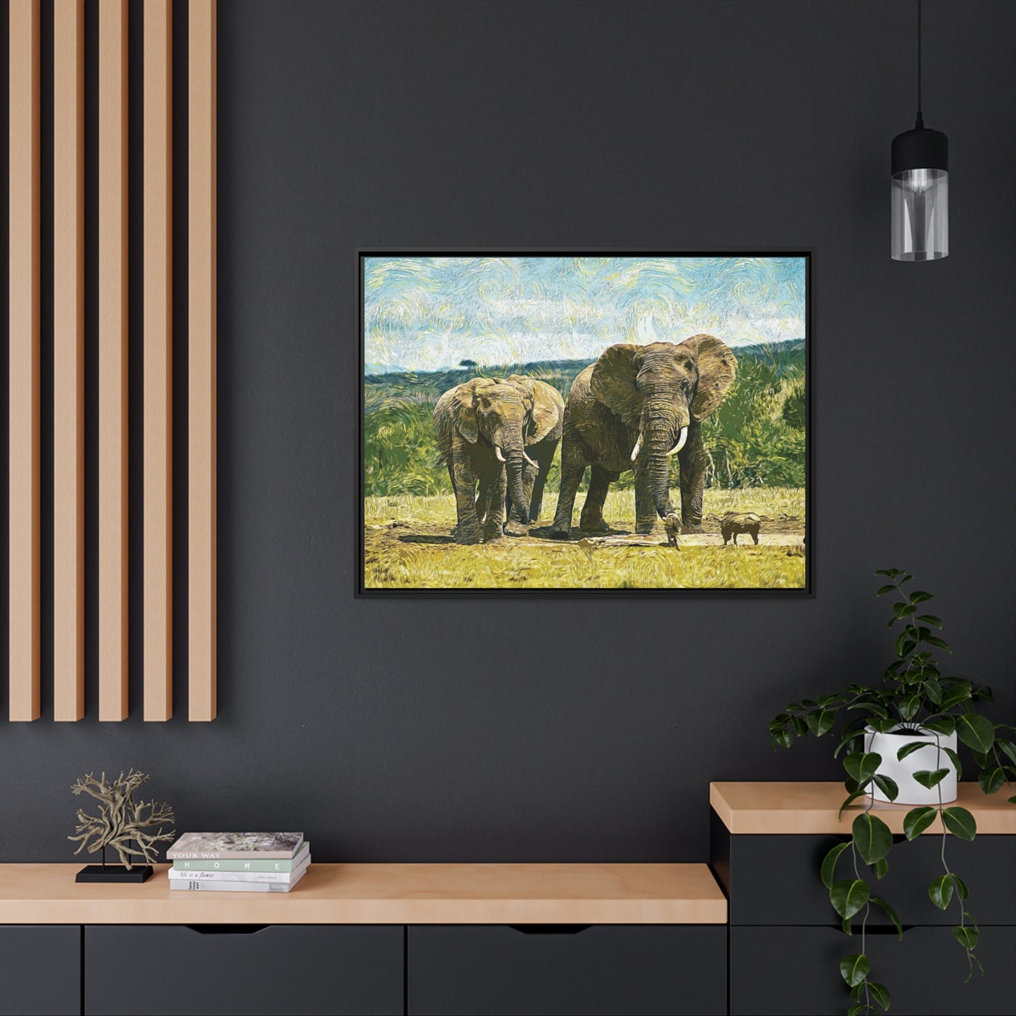 Elephants Matte Canvas, Black Frame