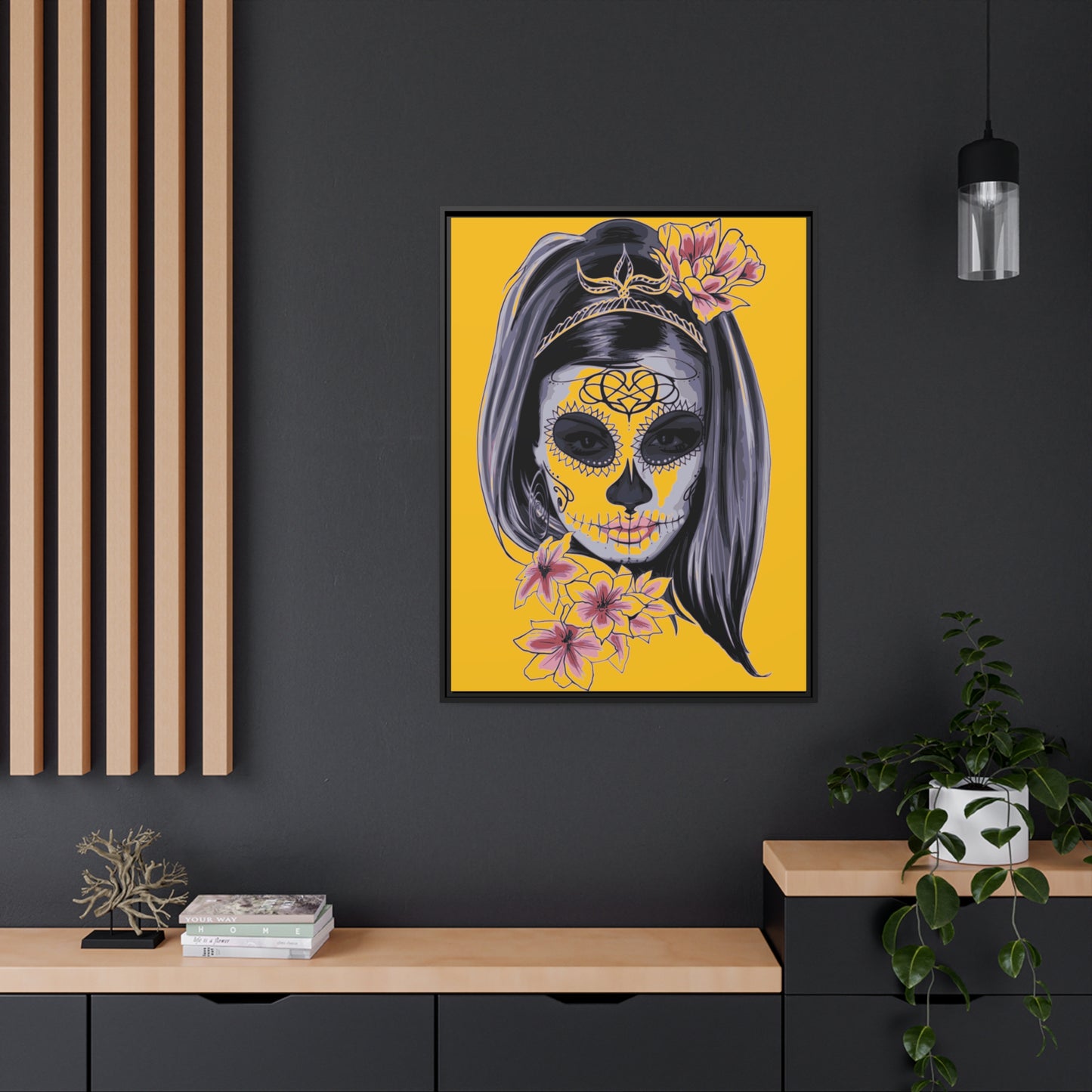 Lady Dead Mask Yellow Matte Canvas, Black Frame
