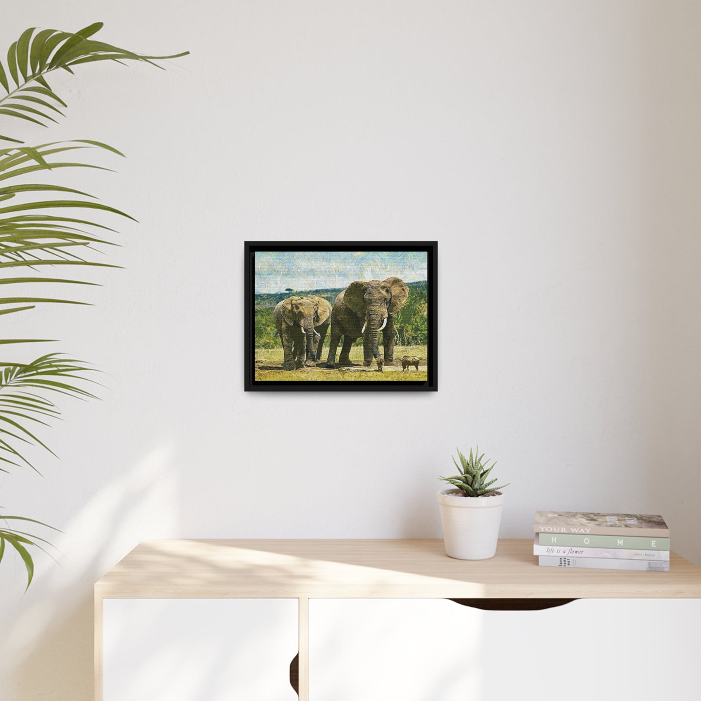 Elephants Matte Canvas, Black Frame