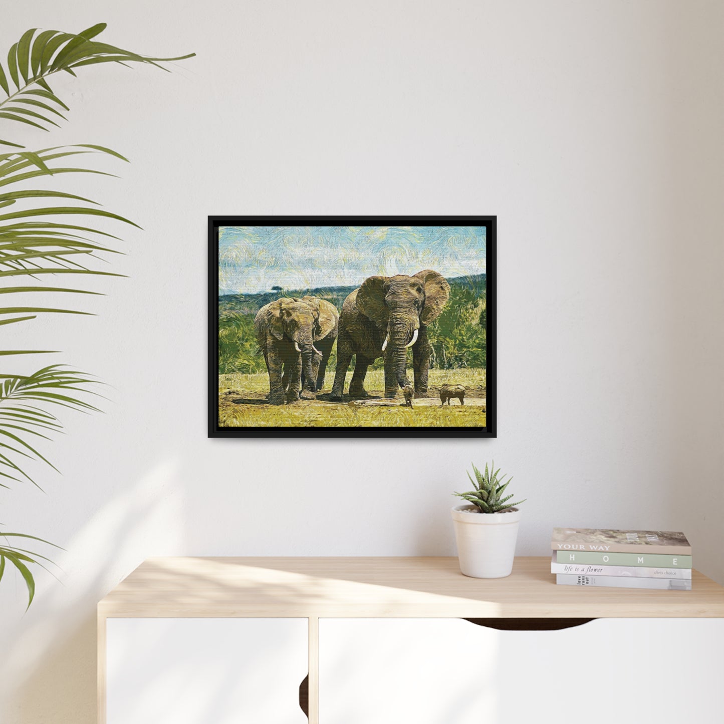 Elephants Matte Canvas, Black Frame