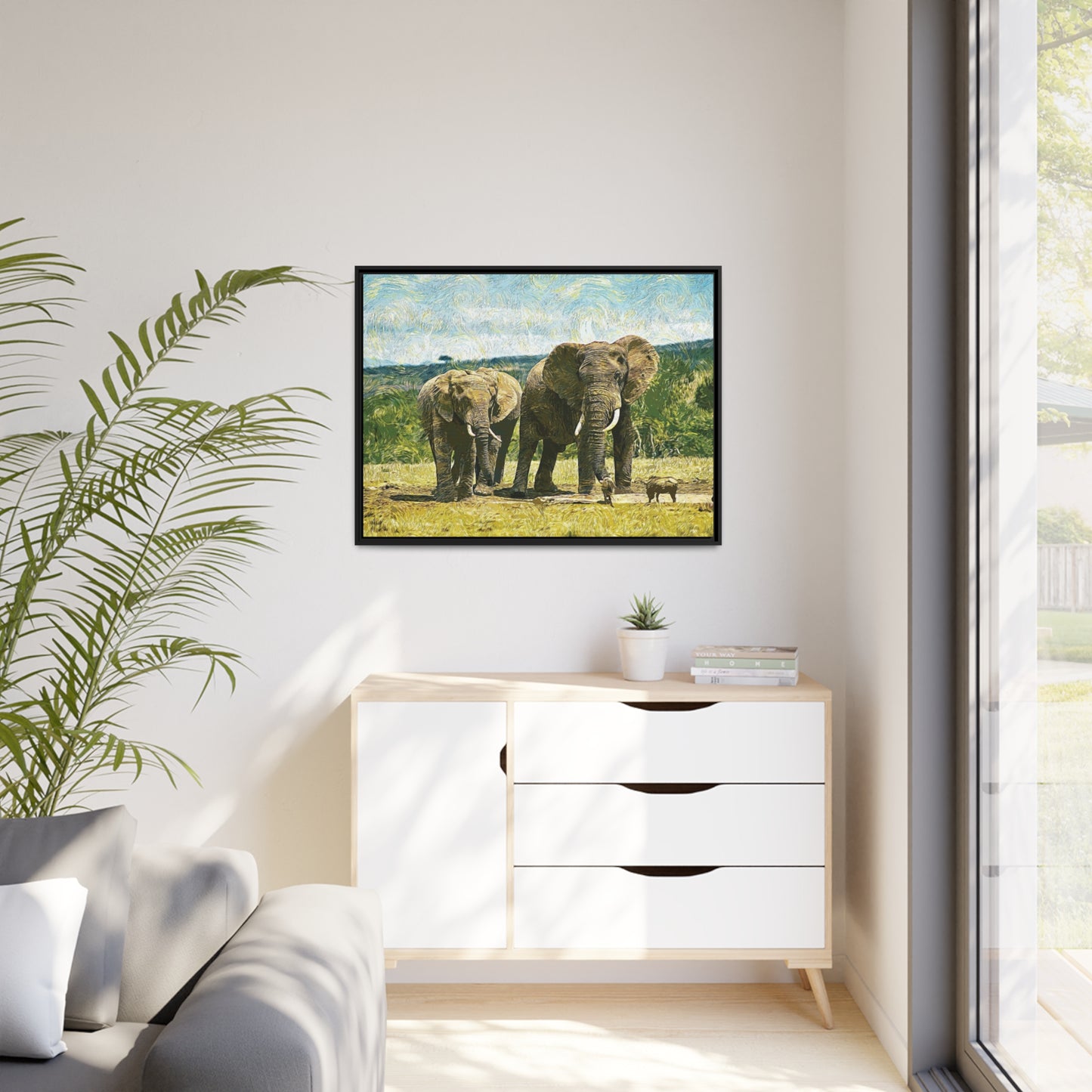 Elephants Matte Canvas, Black Frame