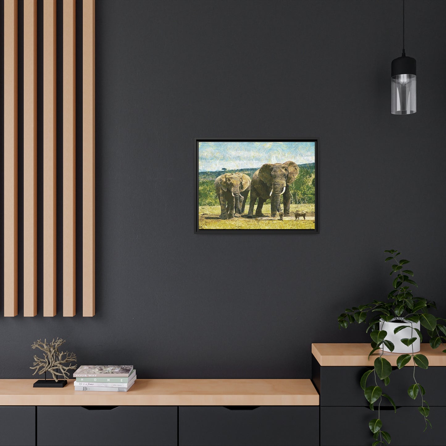Elephants Matte Canvas, Black Frame