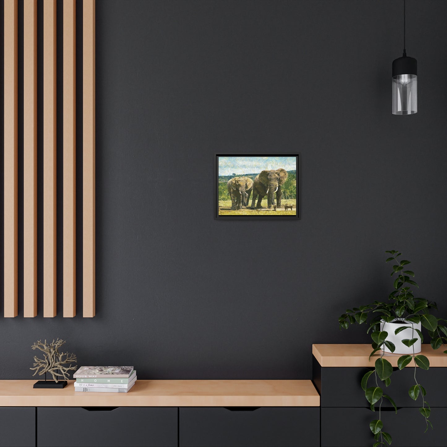 Elephants Matte Canvas, Black Frame