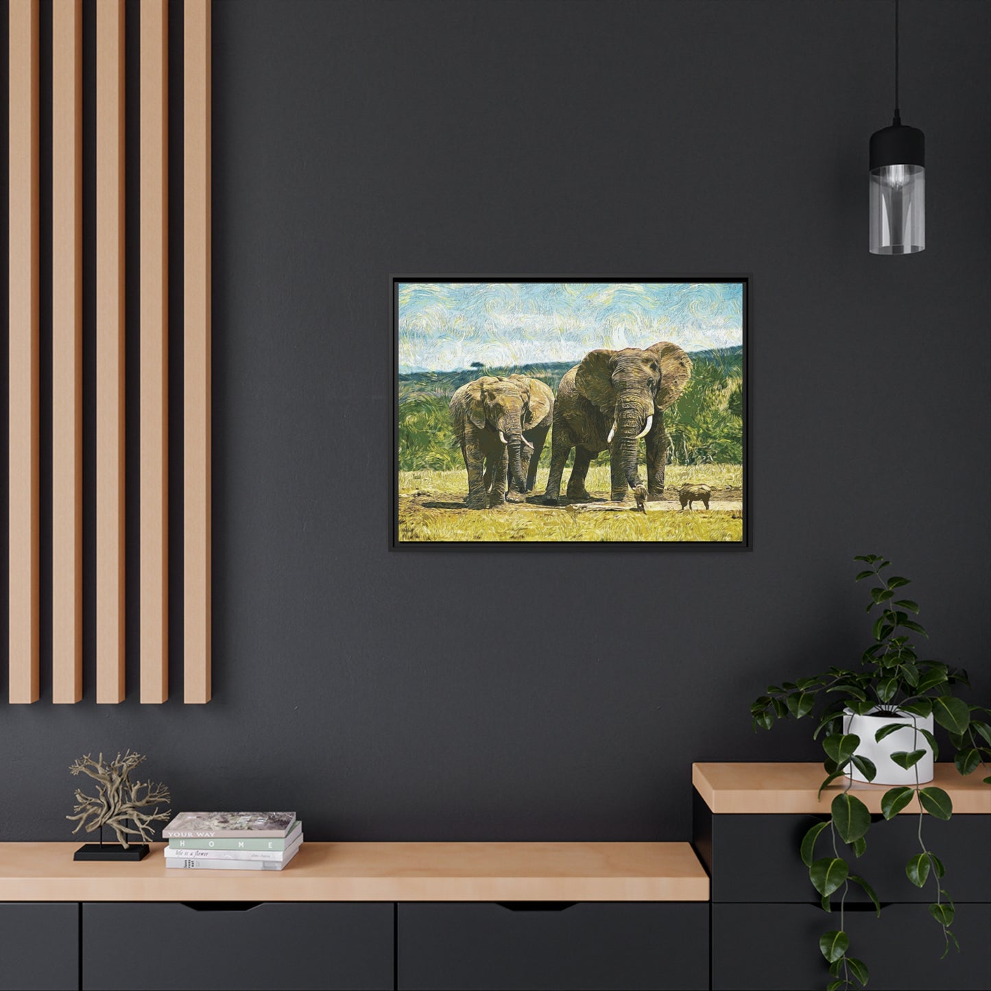 Elephants Matte Canvas, Black Frame