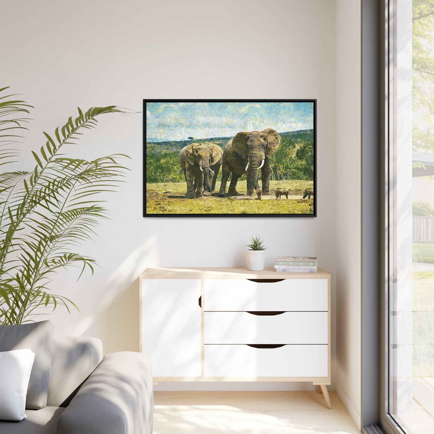 Elephants Matte Canvas, Black Frame