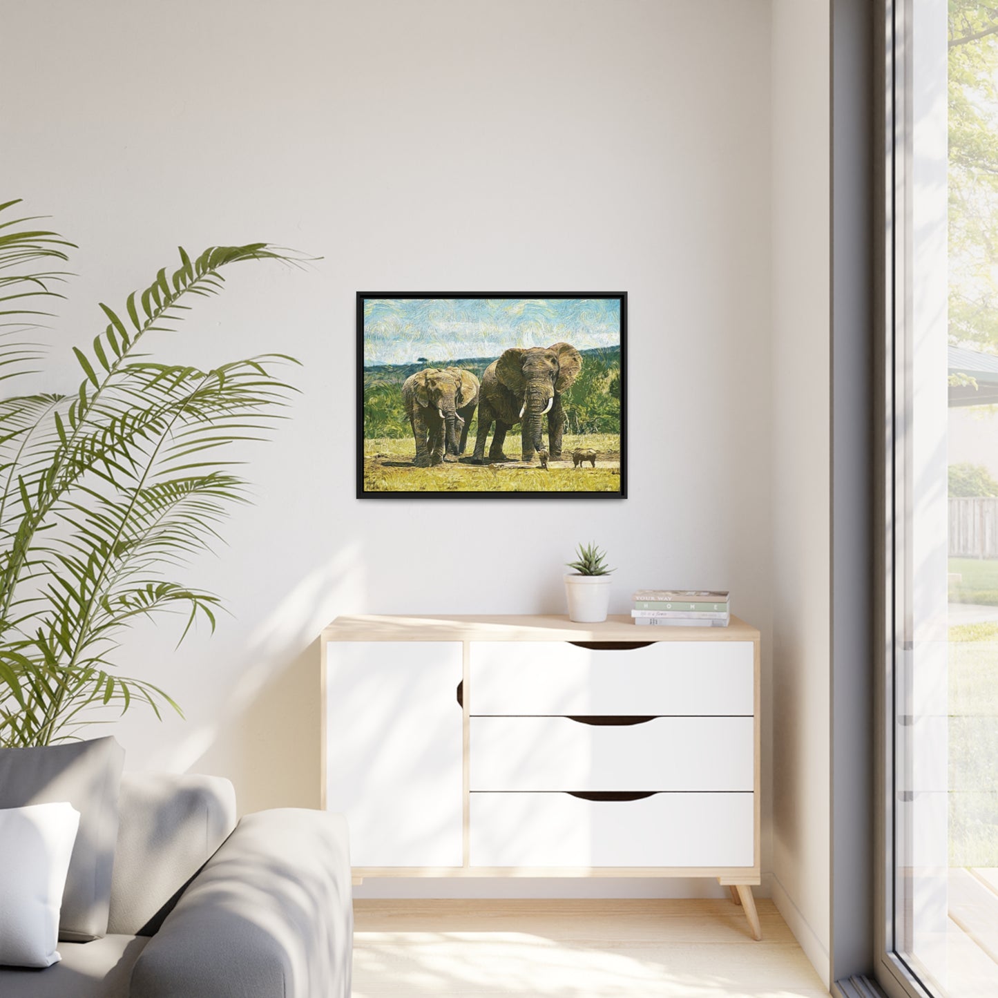 Elephants Matte Canvas, Black Frame