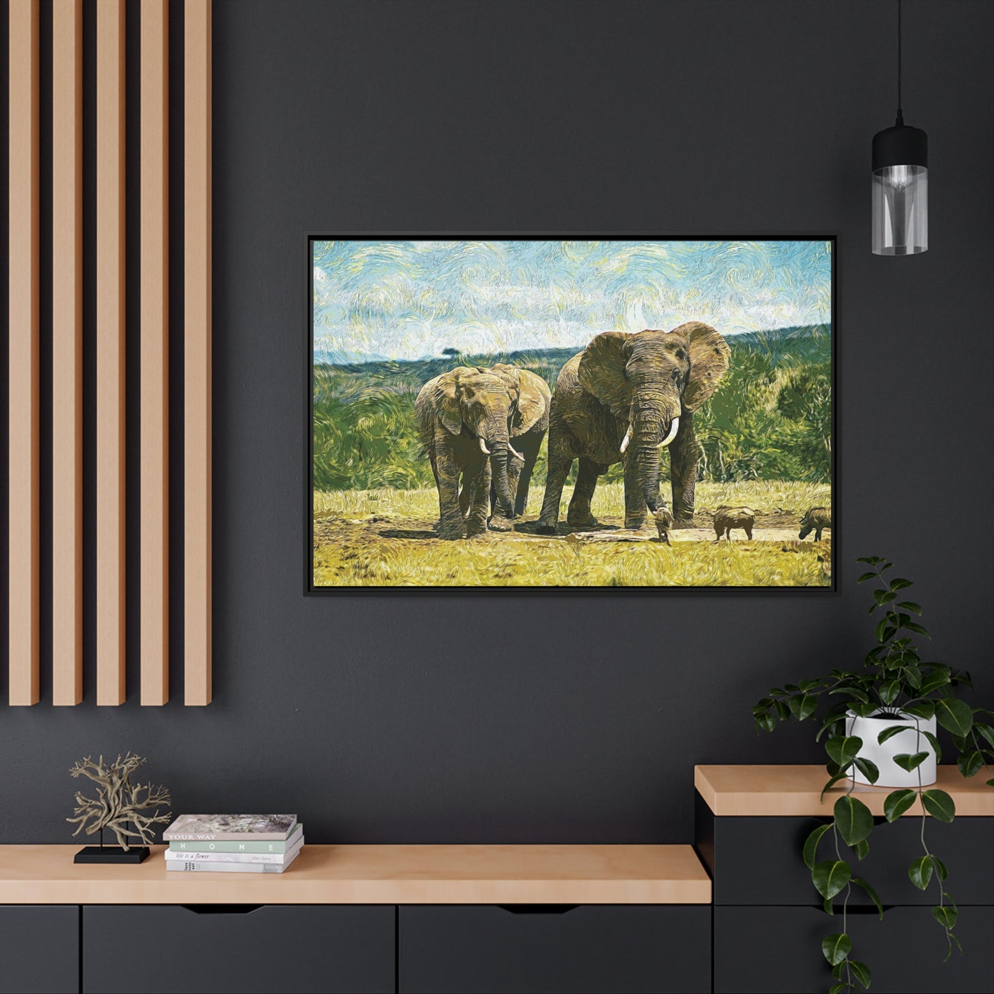 Elephants Matte Canvas, Black Frame