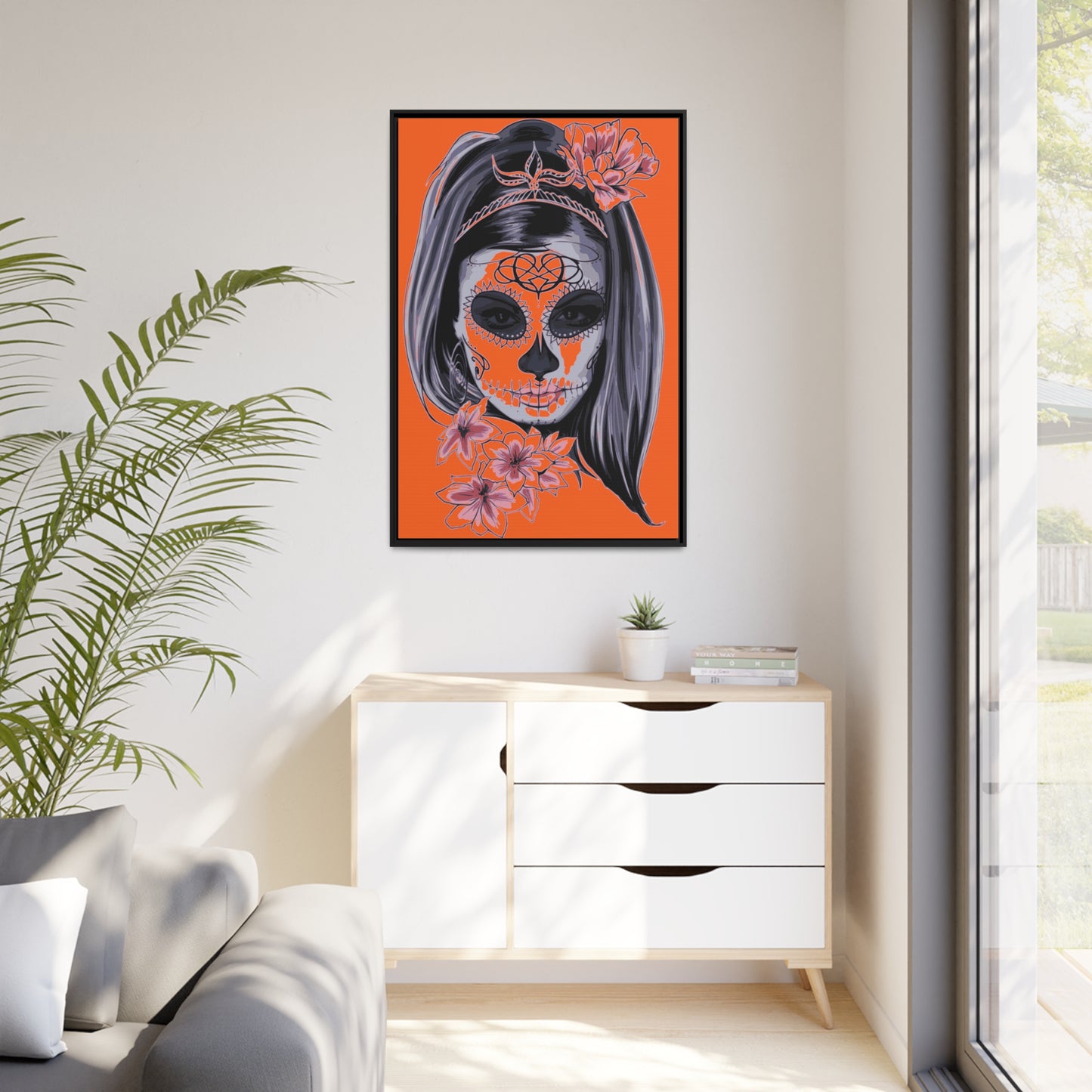 Lady Dead Mask Orange Matte Canvas, Black Frame