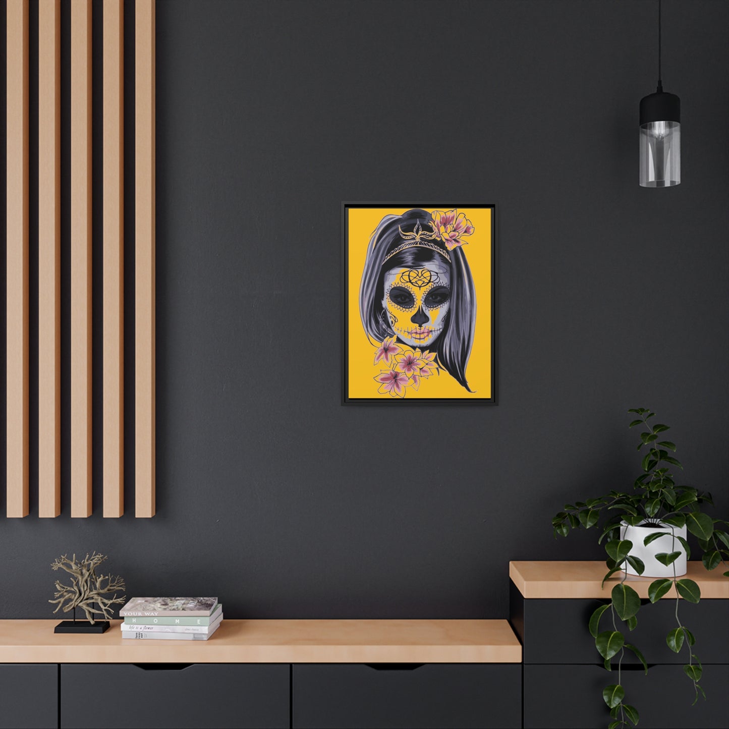 Lady Dead Mask Yellow Matte Canvas, Black Frame