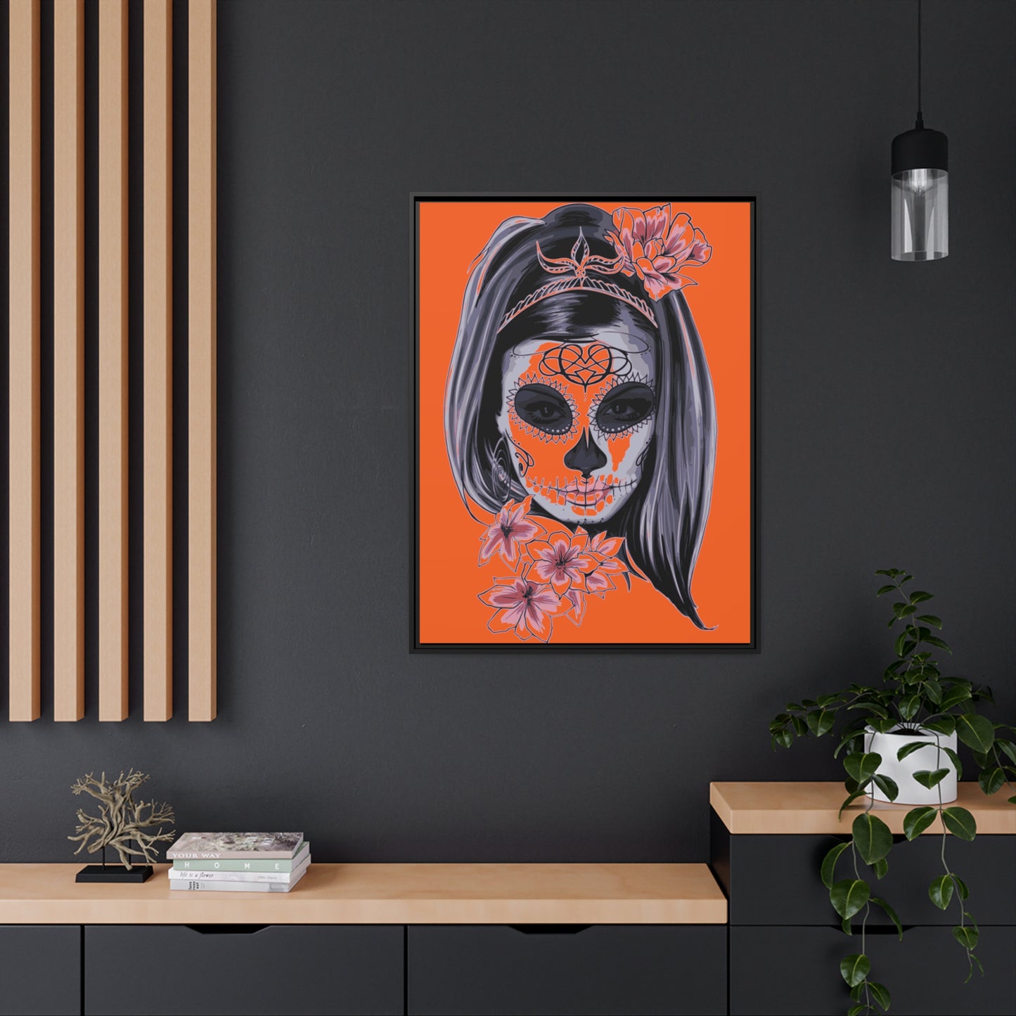Lady Dead Mask Orange Matte Canvas, Black Frame