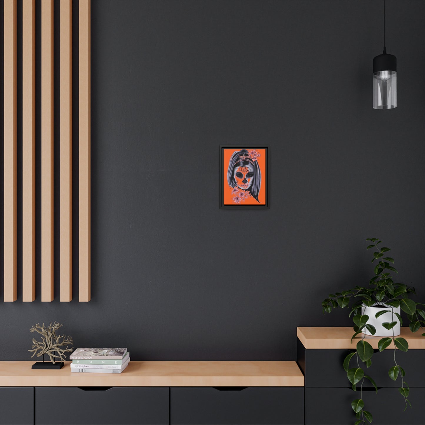 Lady Dead Mask Orange Matte Canvas, Black Frame