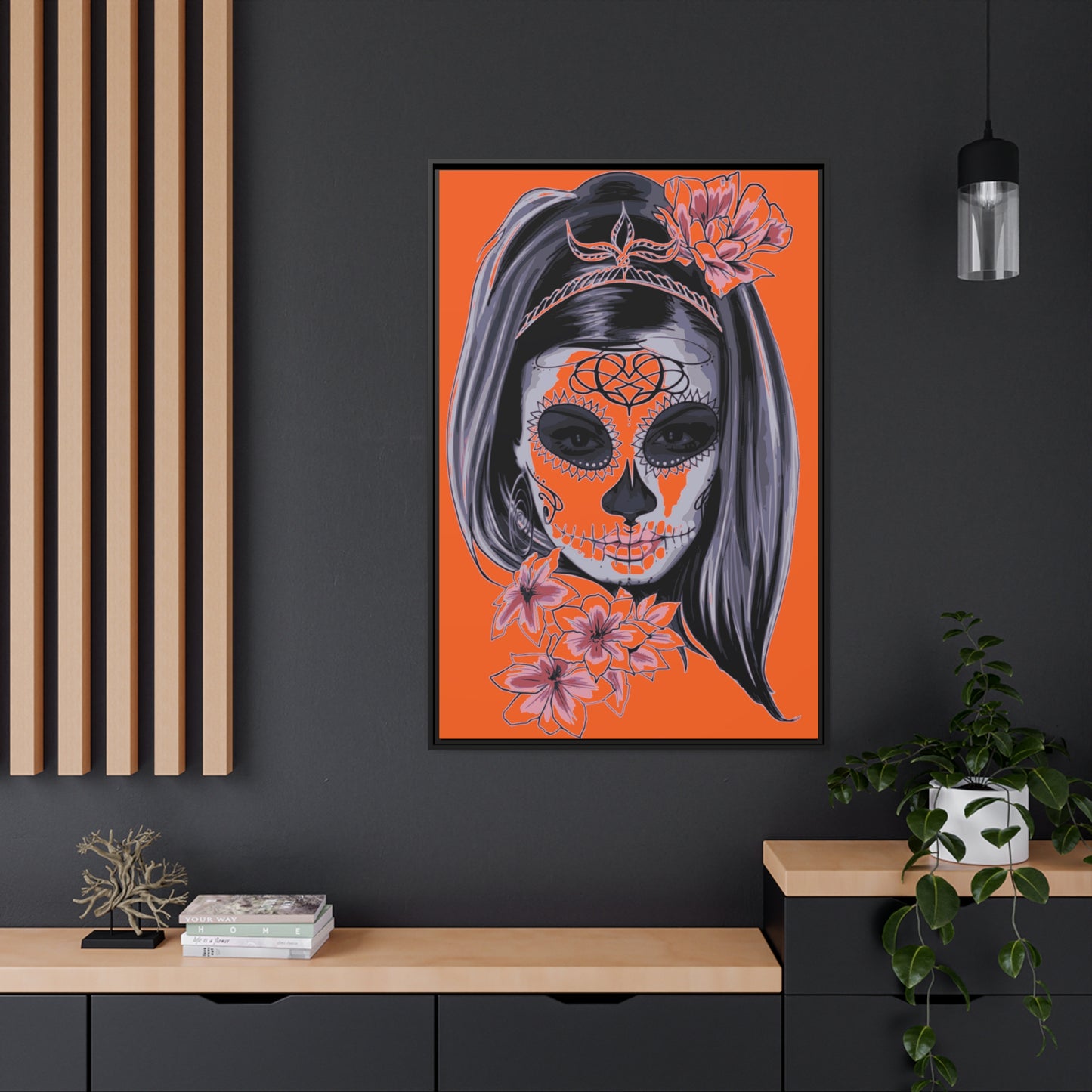 Lady Dead Mask Orange Matte Canvas, Black Frame