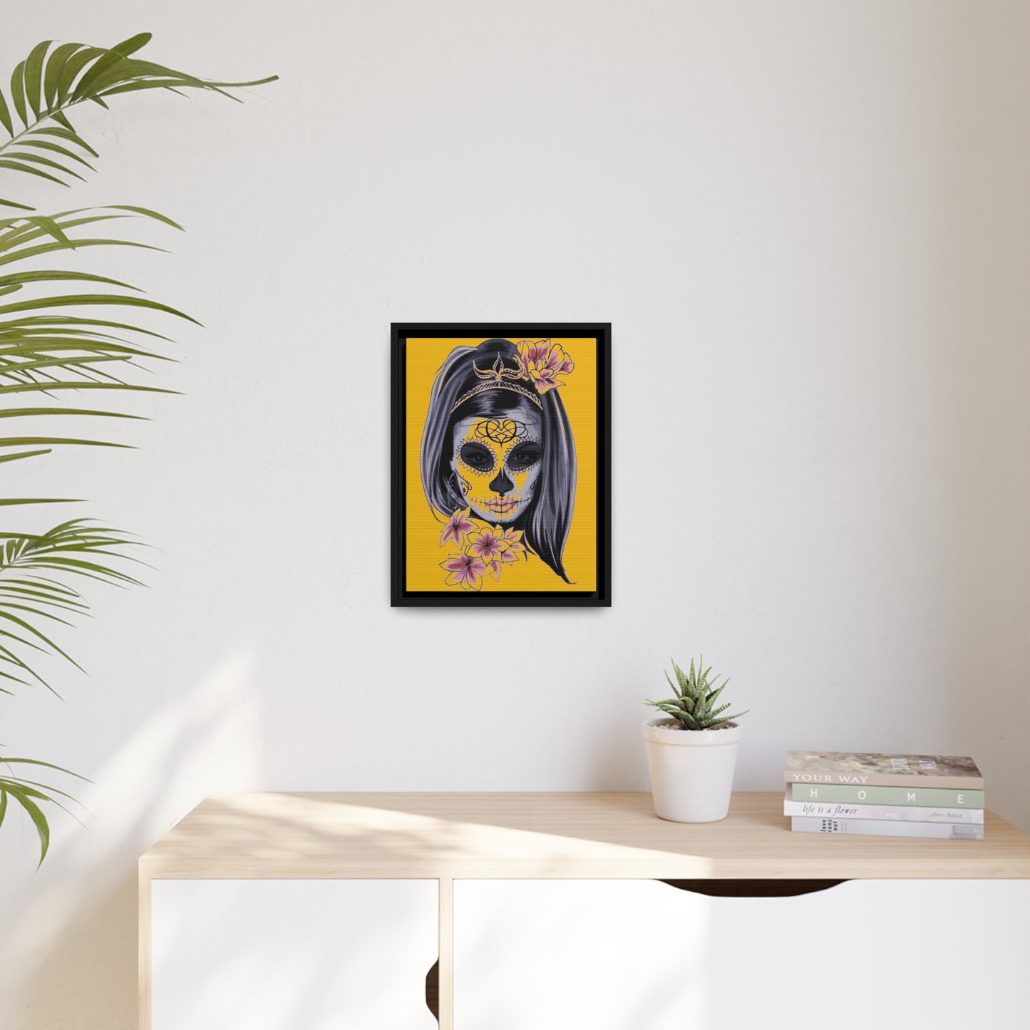 Lady Dead Mask Yellow Matte Canvas, Black Frame