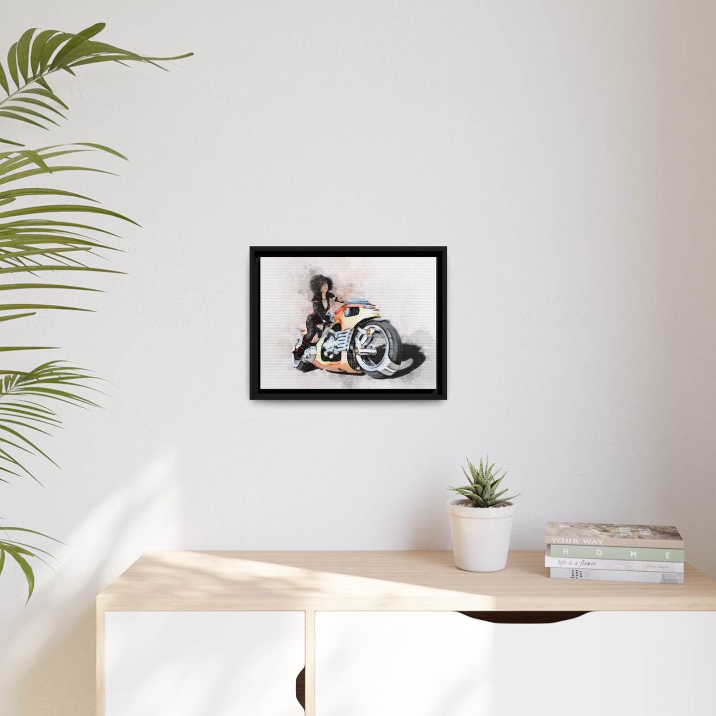 Woman Motorcycle Matte Canvas, Black Frame
