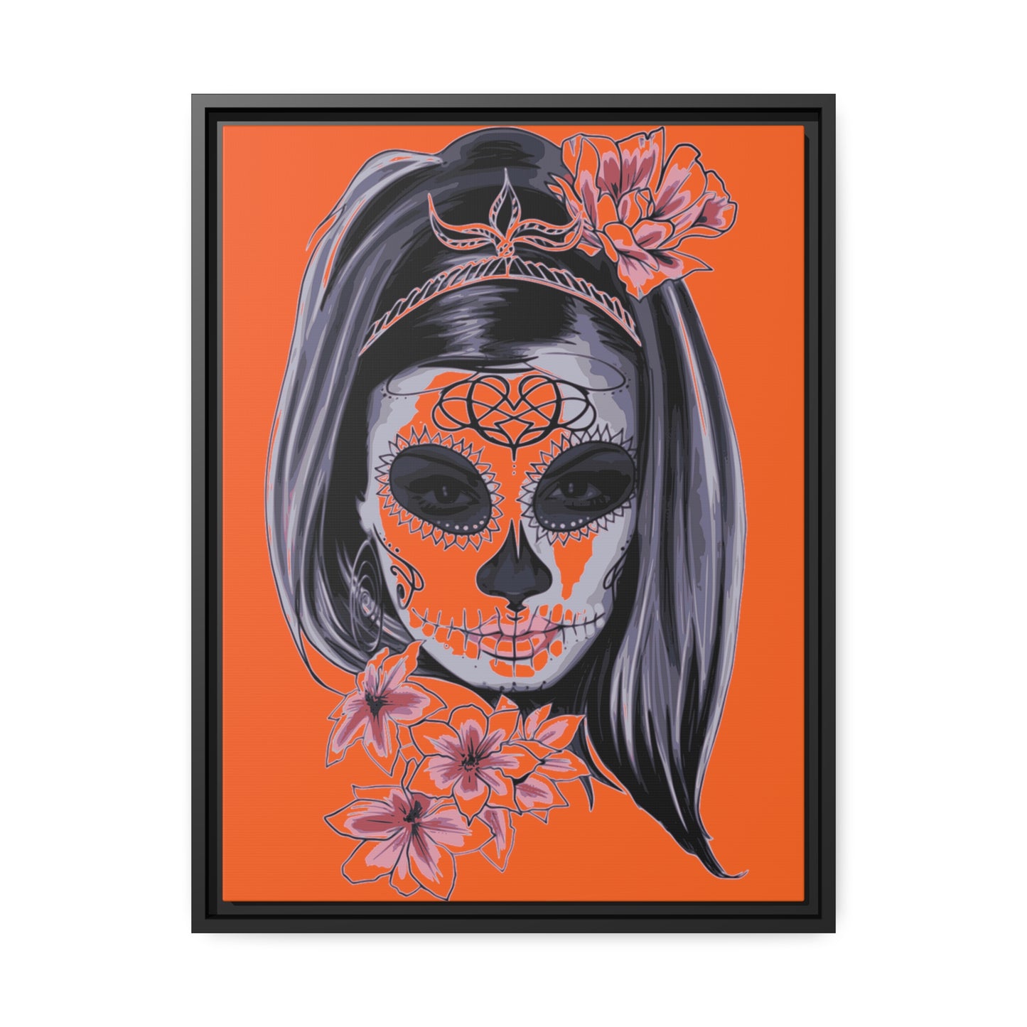 Lady Dead Mask Orange Matte Canvas, Black Frame