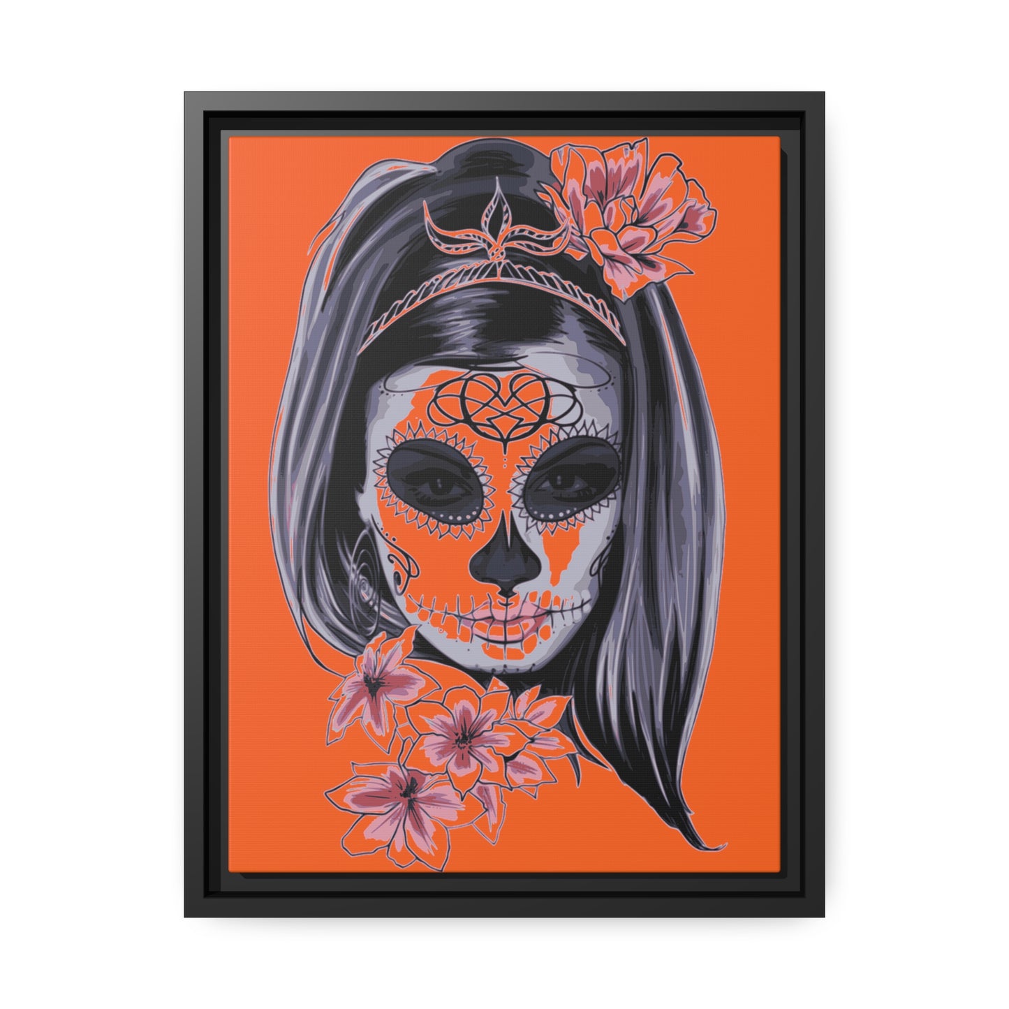 Lady Dead Mask Orange Matte Canvas, Black Frame