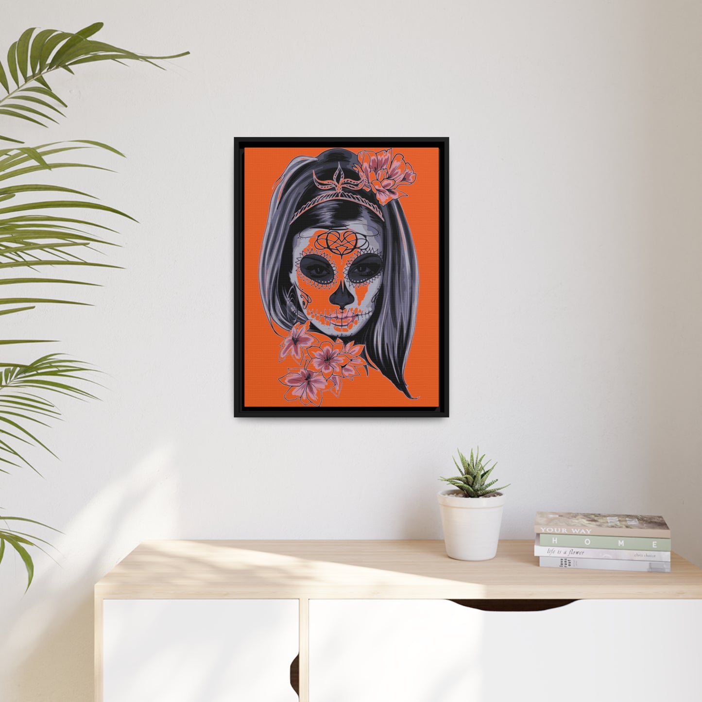 Lady Dead Mask Orange Matte Canvas, Black Frame