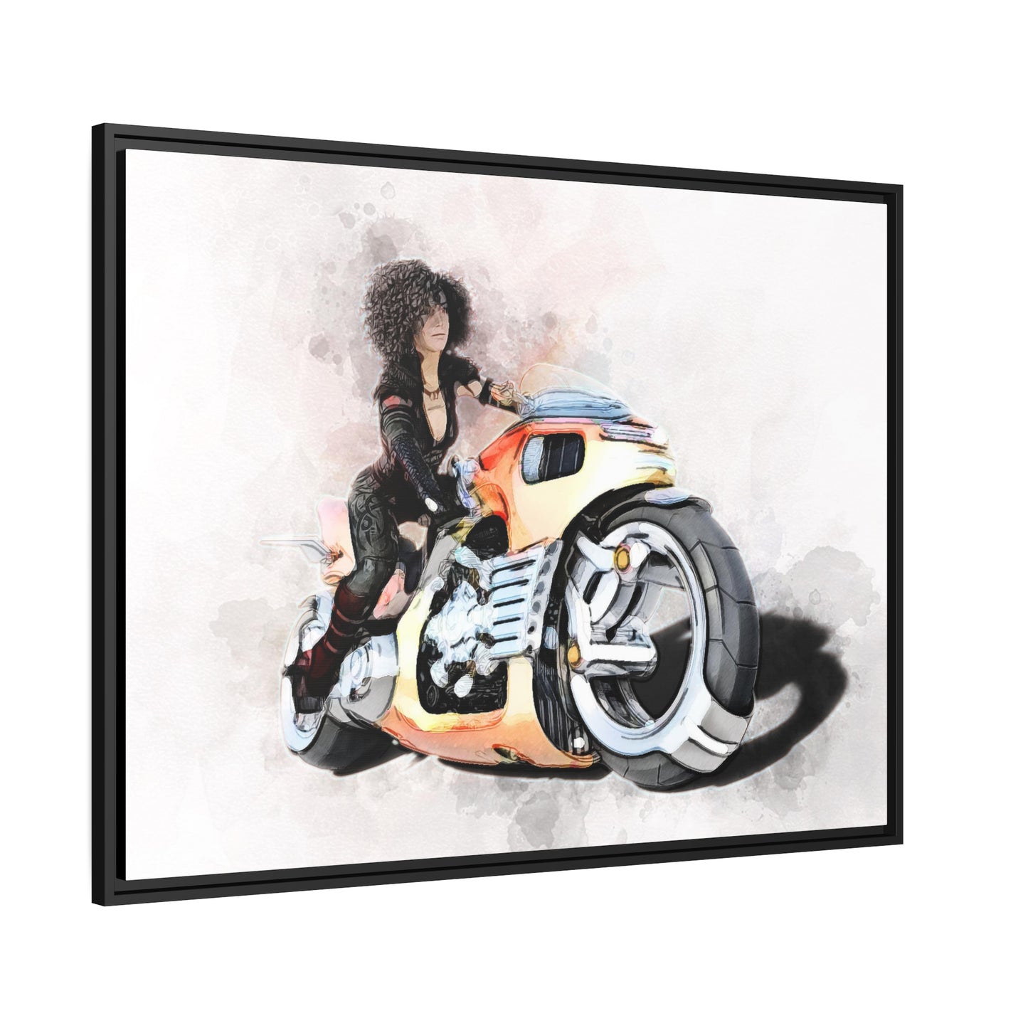 Woman Motorcycle Matte Canvas, Black Frame
