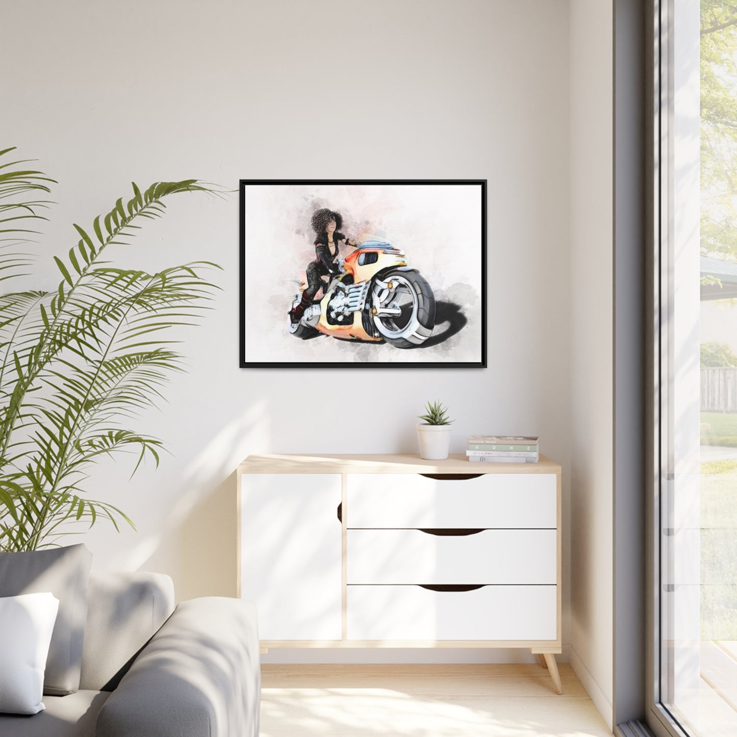 Woman Motorcycle Matte Canvas, Black Frame