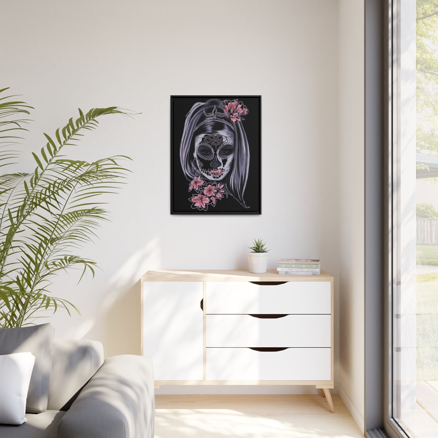 Lady Dead Mask Black Matte Canvas, Black Frame