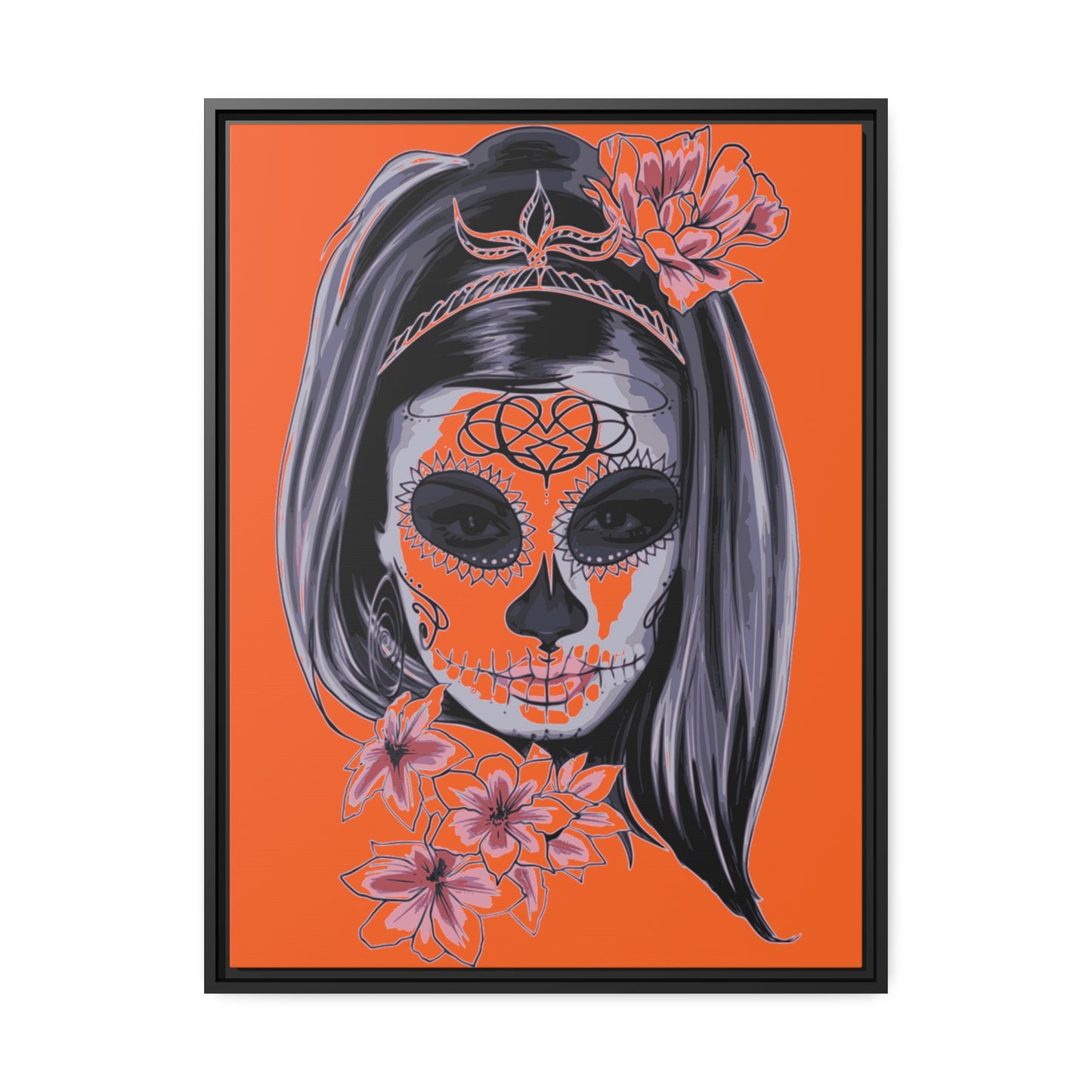 Lady Dead Mask Orange Matte Canvas, Black Frame