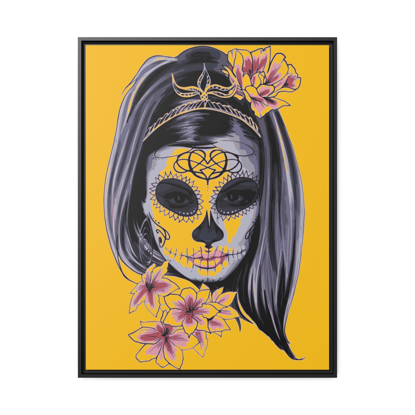 Lady Dead Mask Yellow Matte Canvas, Black Frame