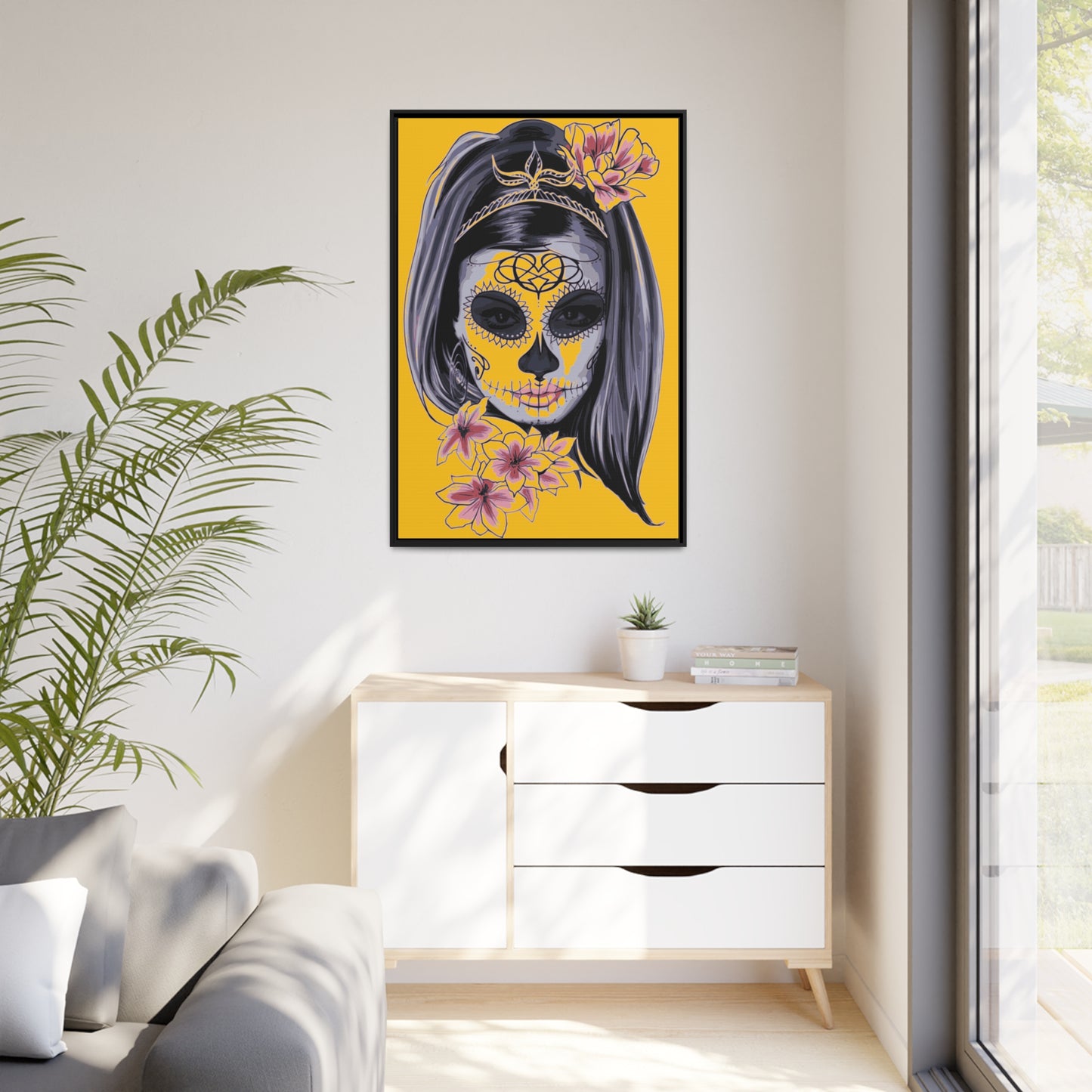 Lady Dead Mask Yellow Matte Canvas, Black Frame
