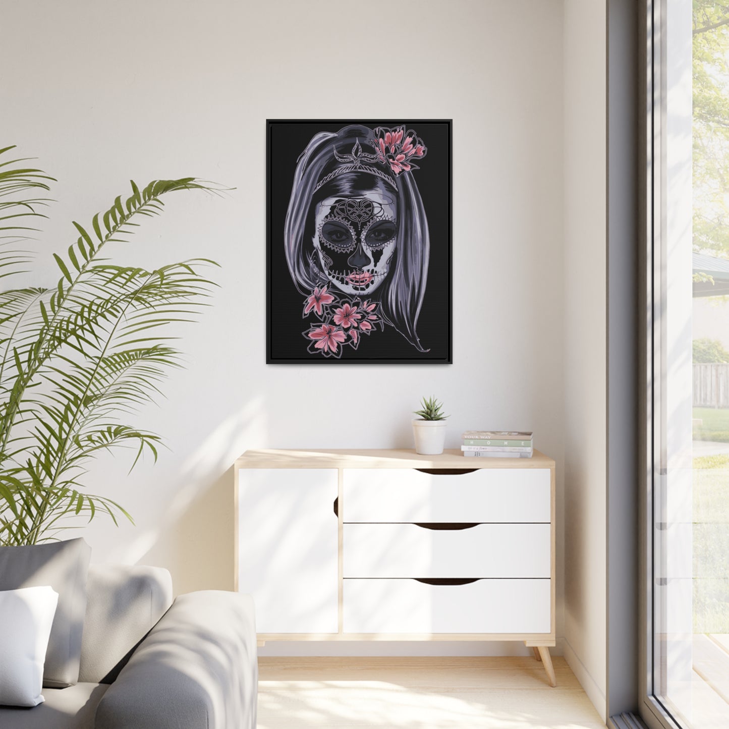 Lady Dead Mask Black Matte Canvas, Black Frame