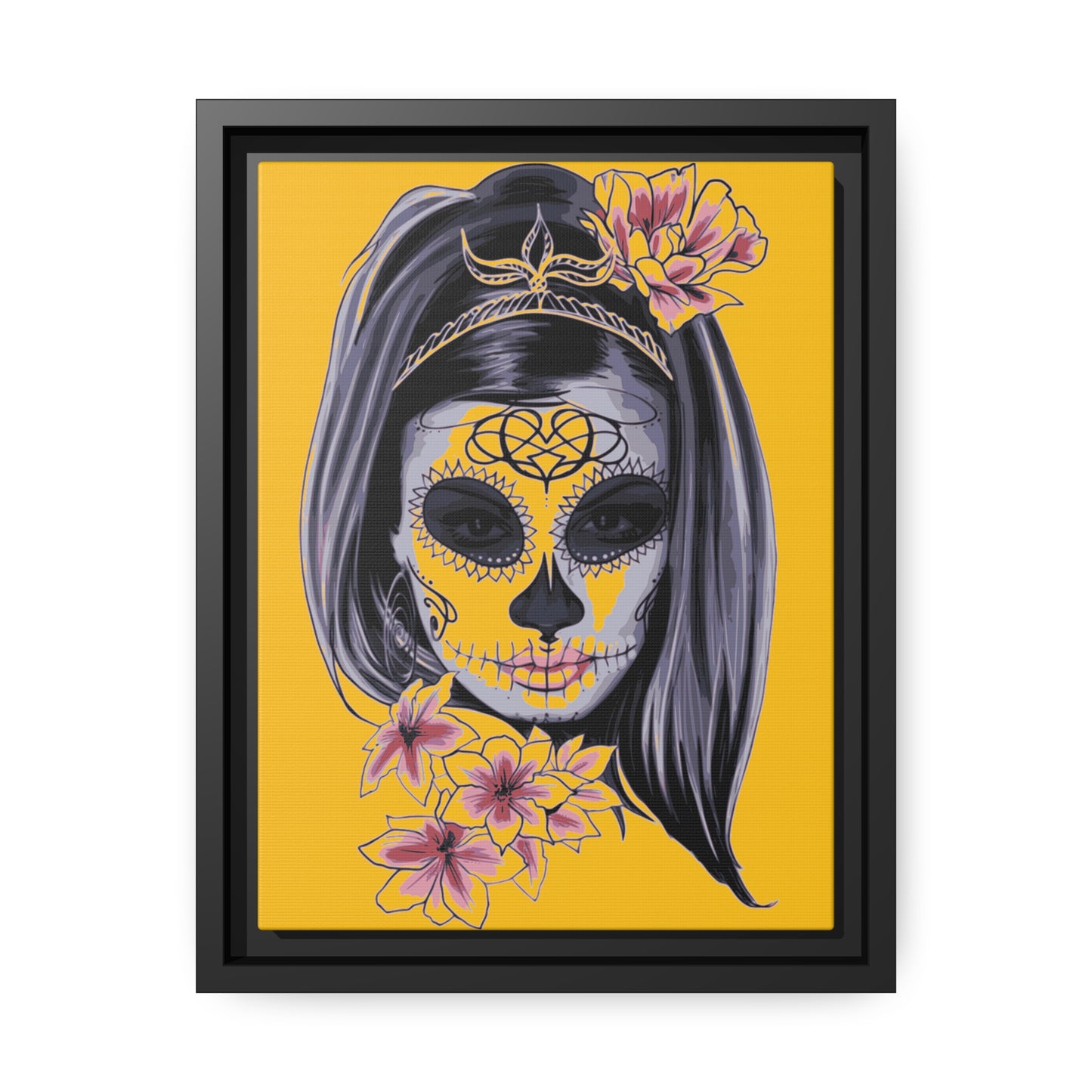 Lady Dead Mask Yellow Matte Canvas, Black Frame