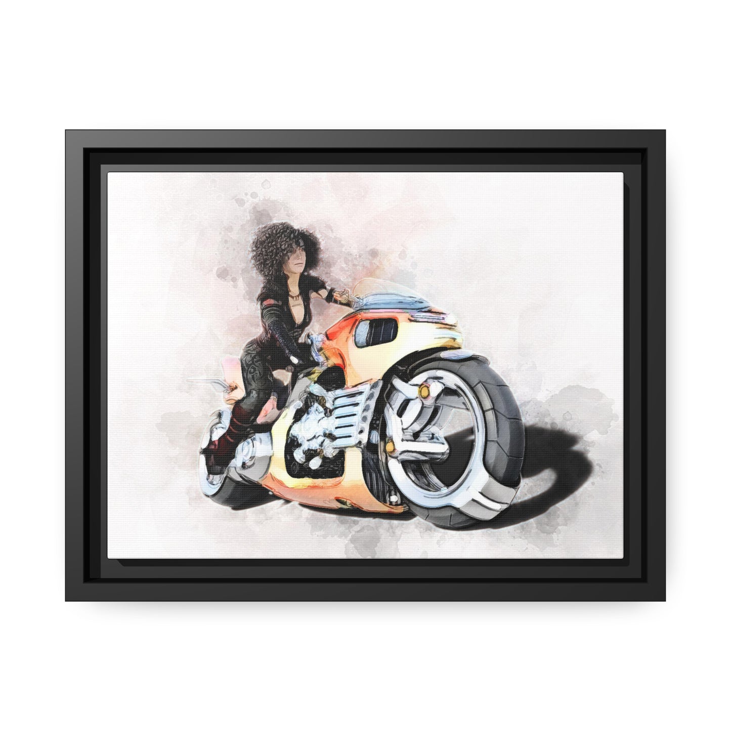 Woman Motorcycle Matte Canvas, Black Frame