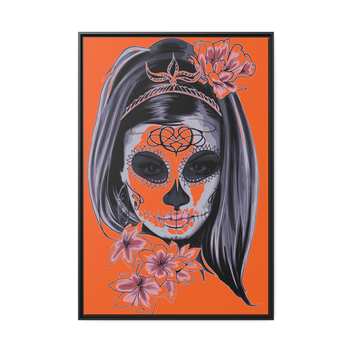 Lady Dead Mask Orange Matte Canvas, Black Frame