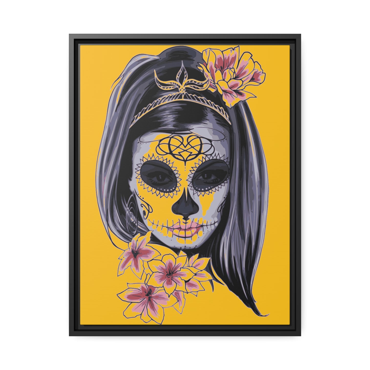 Lady Dead Mask Yellow Matte Canvas, Black Frame