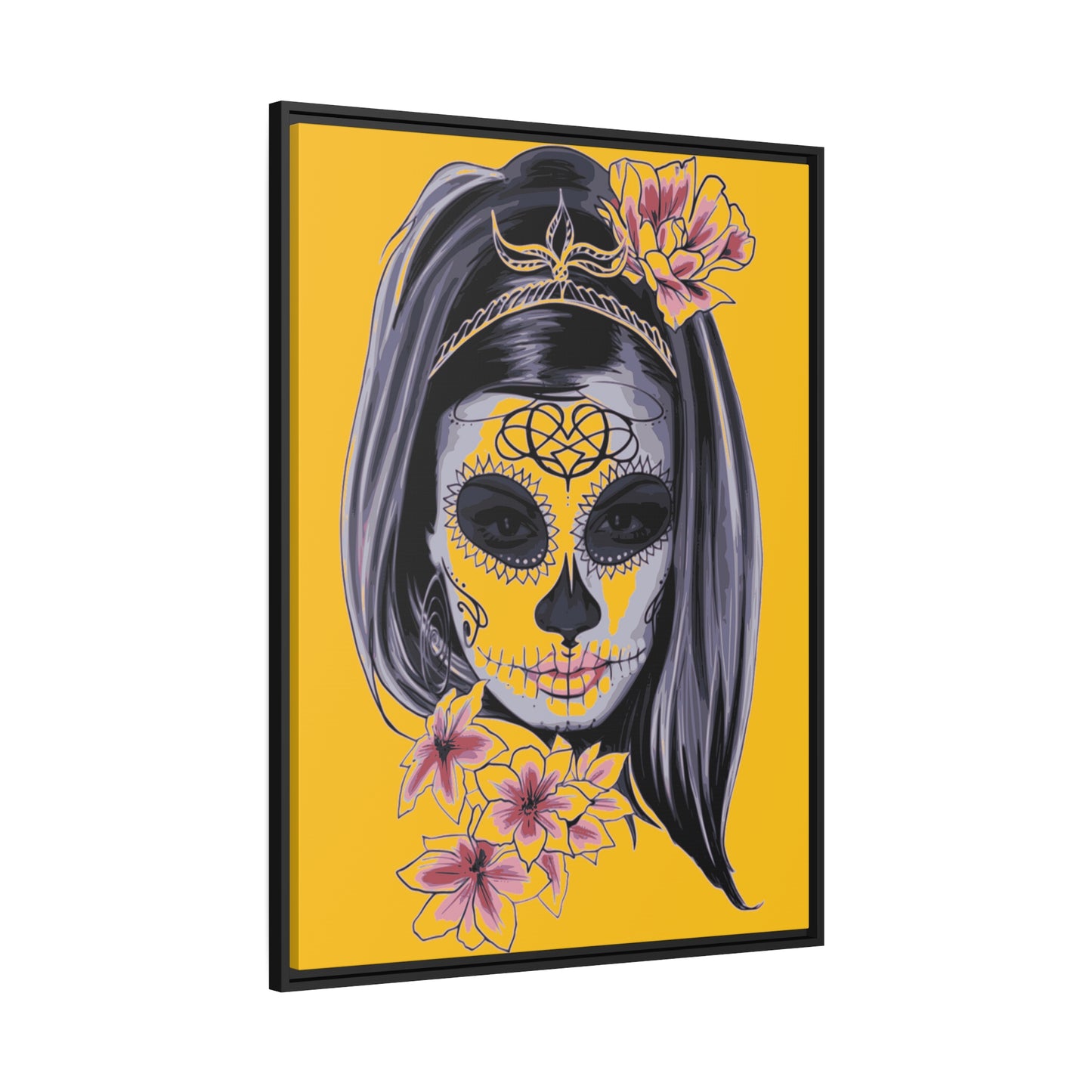 Lady Dead Mask Yellow Matte Canvas, Black Frame
