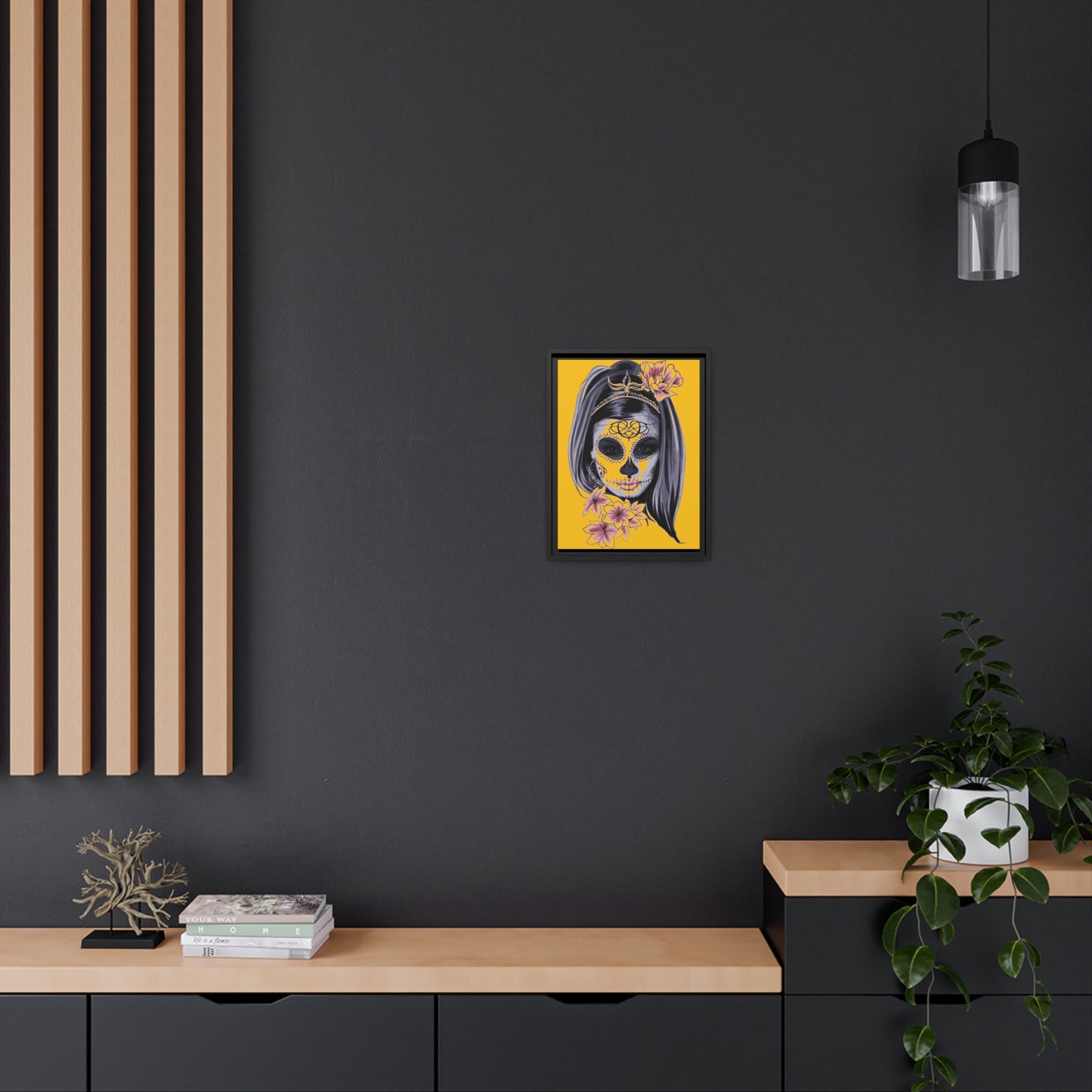 Lady Dead Mask Yellow Matte Canvas, Black Frame