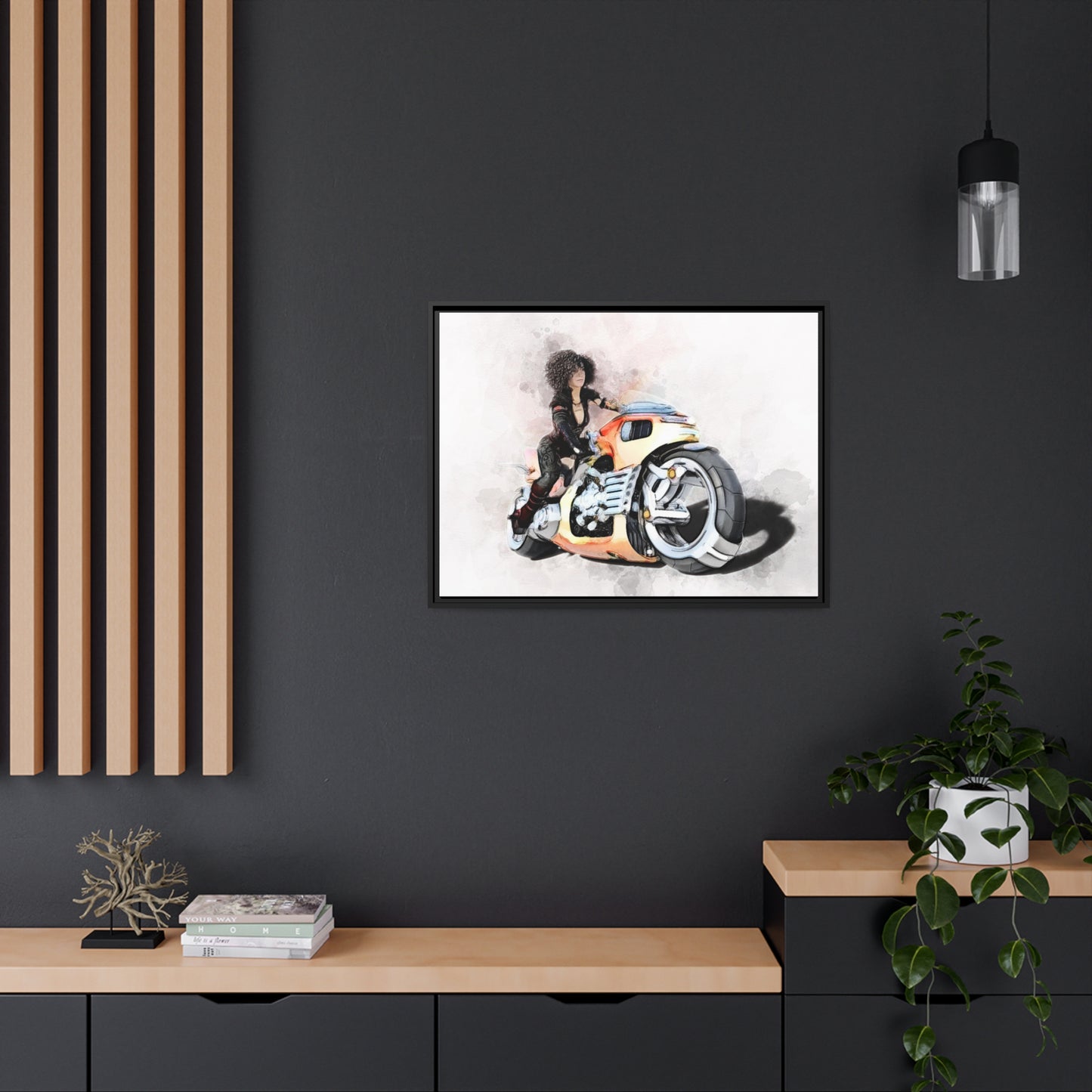 Woman Motorcycle Matte Canvas, Black Frame