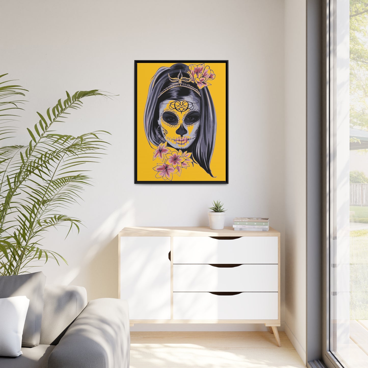 Lady Dead Mask Yellow Matte Canvas, Black Frame