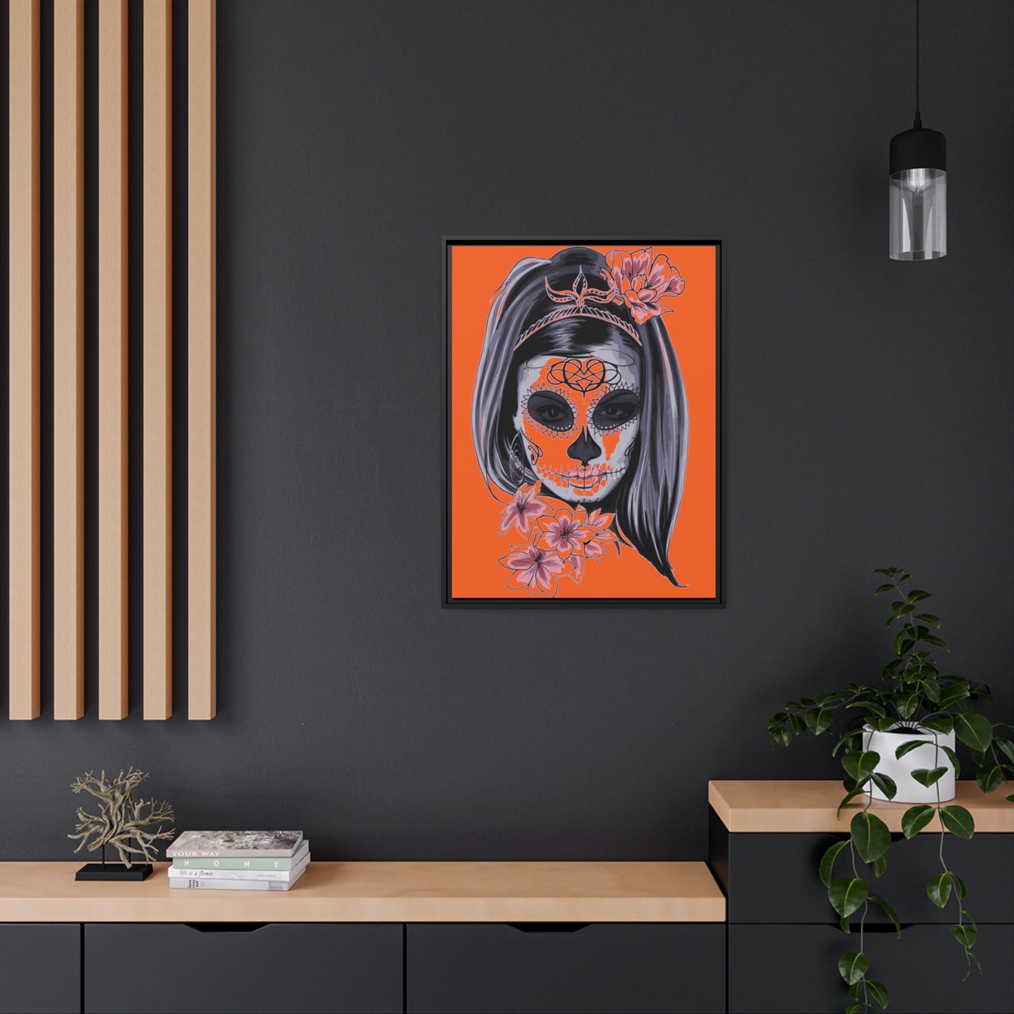 Lady Dead Mask Orange Matte Canvas, Black Frame
