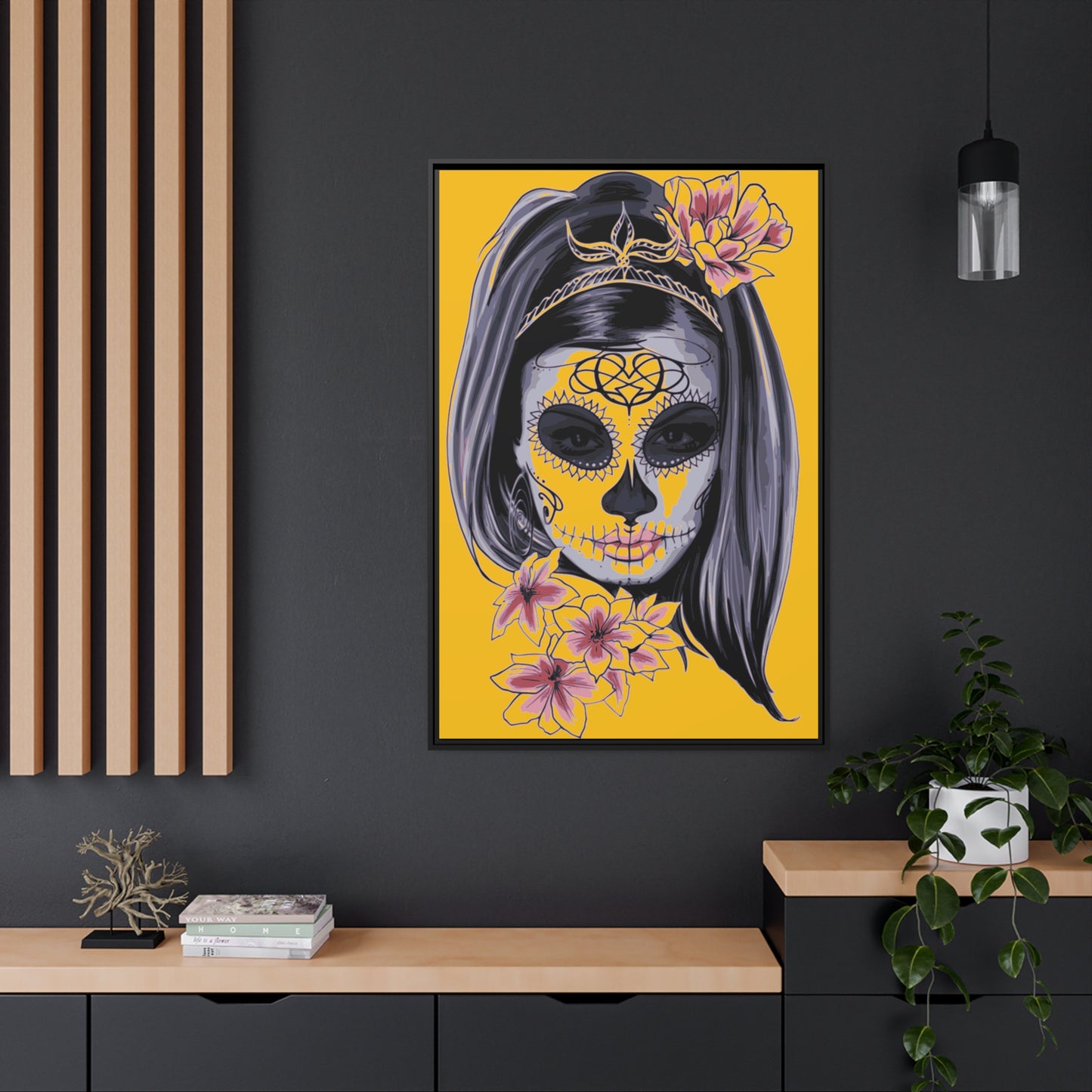 Lady Dead Mask Yellow Matte Canvas, Black Frame
