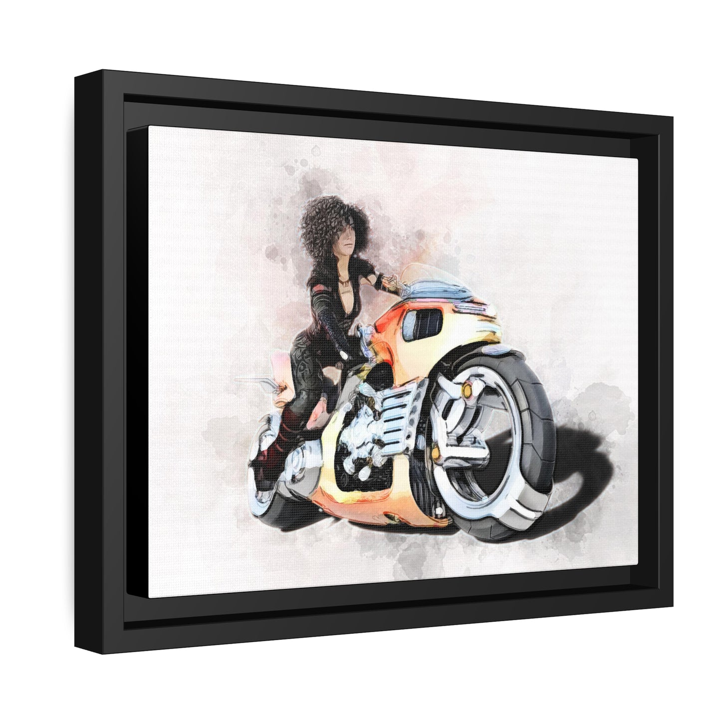 Woman Motorcycle Matte Canvas, Black Frame
