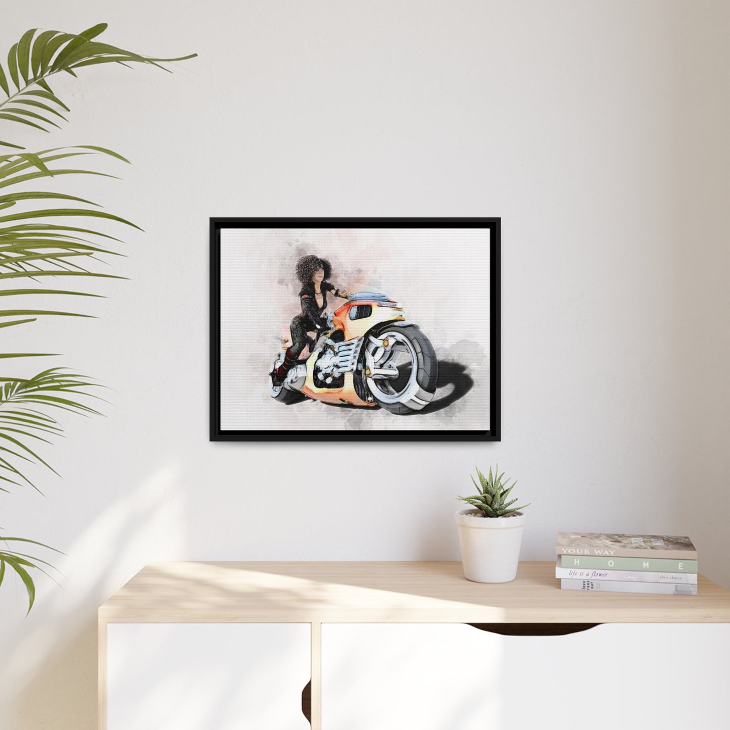 Woman Motorcycle Matte Canvas, Black Frame