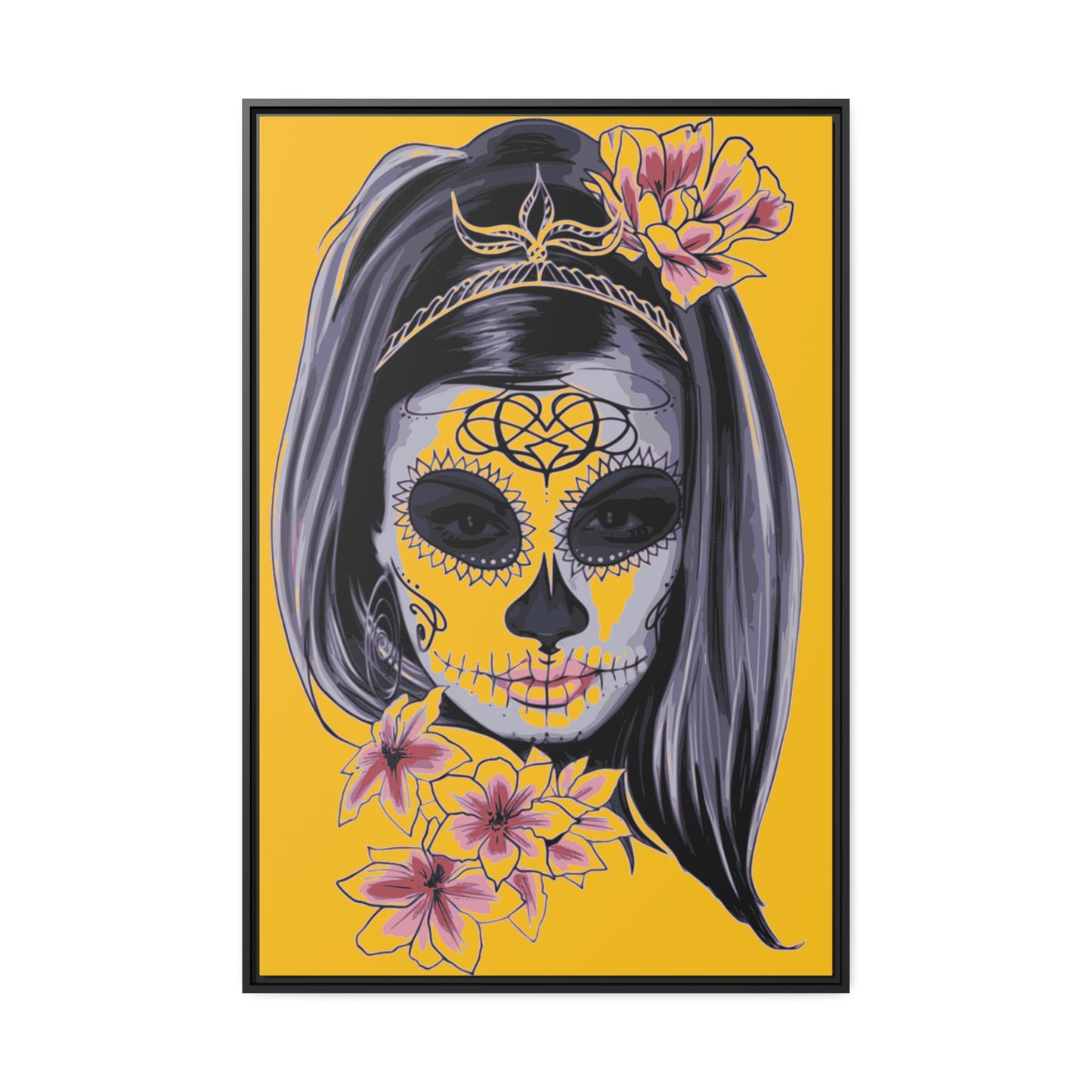 Lady Dead Mask Yellow Matte Canvas, Black Frame