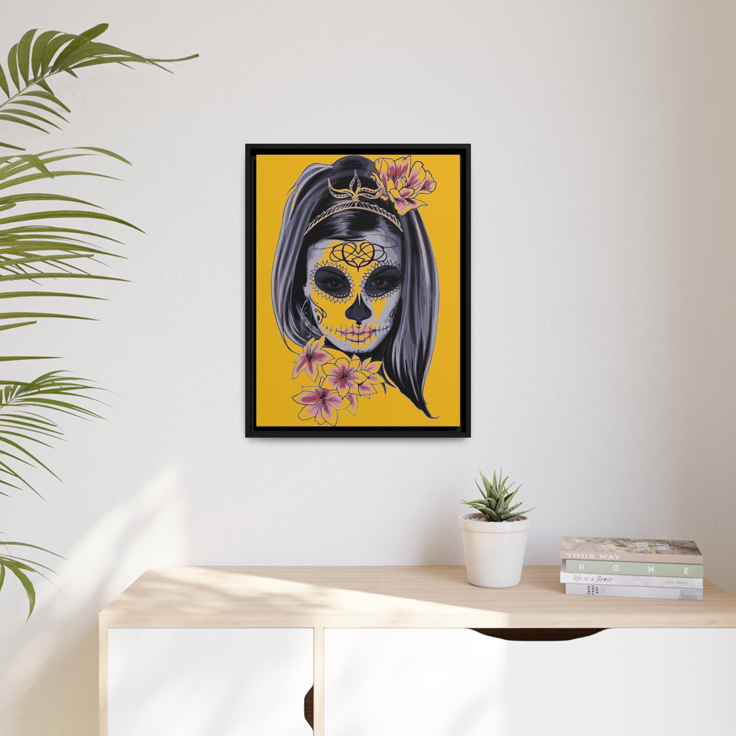 Lady Dead Mask Yellow Matte Canvas, Black Frame