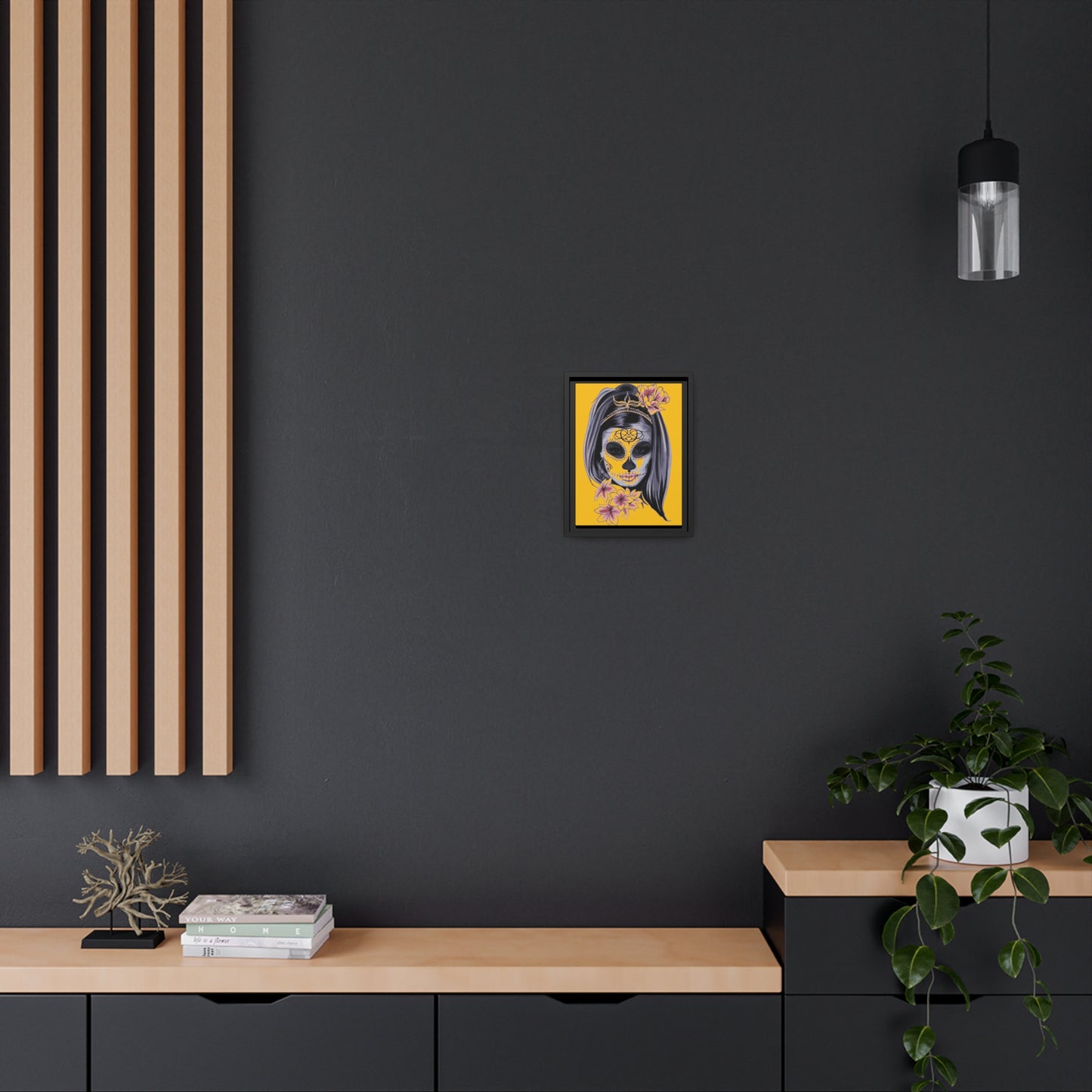 Lady Dead Mask Yellow Matte Canvas, Black Frame