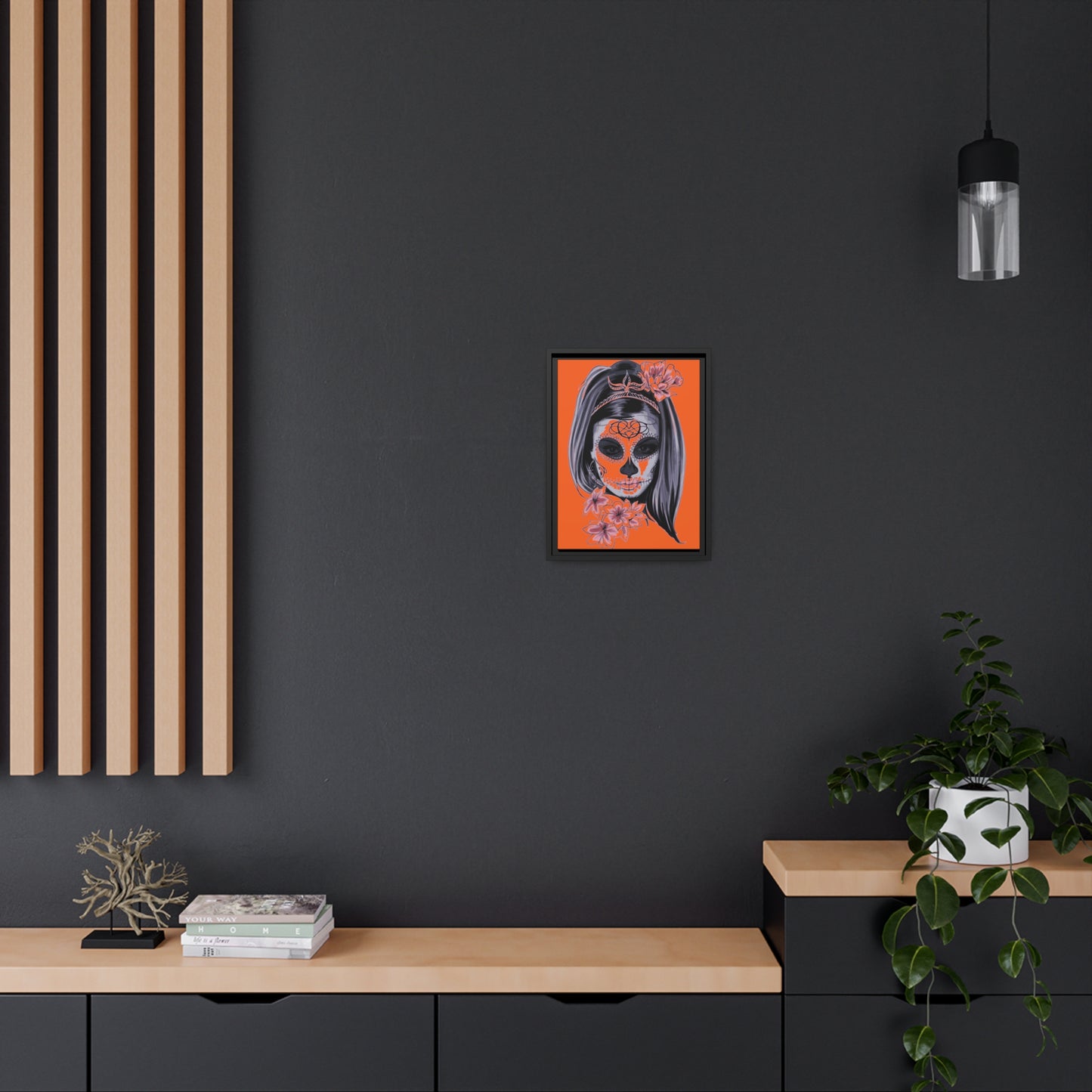 Lady Dead Mask Orange Matte Canvas, Black Frame