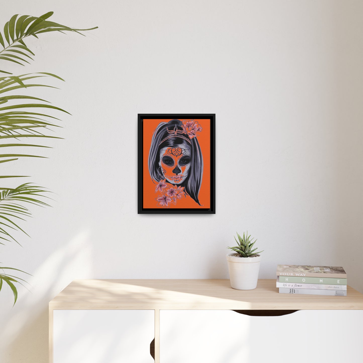 Lady Dead Mask Orange Matte Canvas, Black Frame