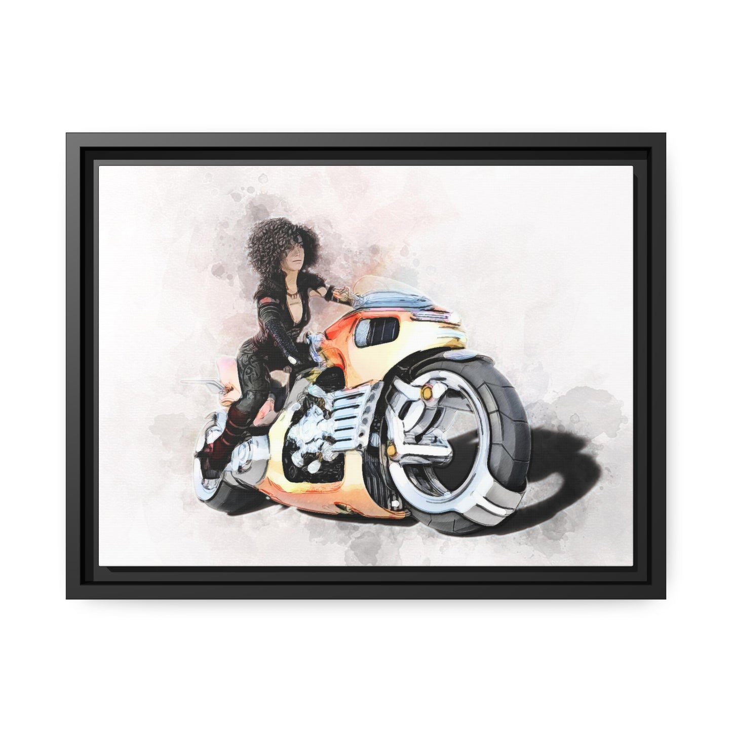 Woman Motorcycle Matte Canvas, Black Frame