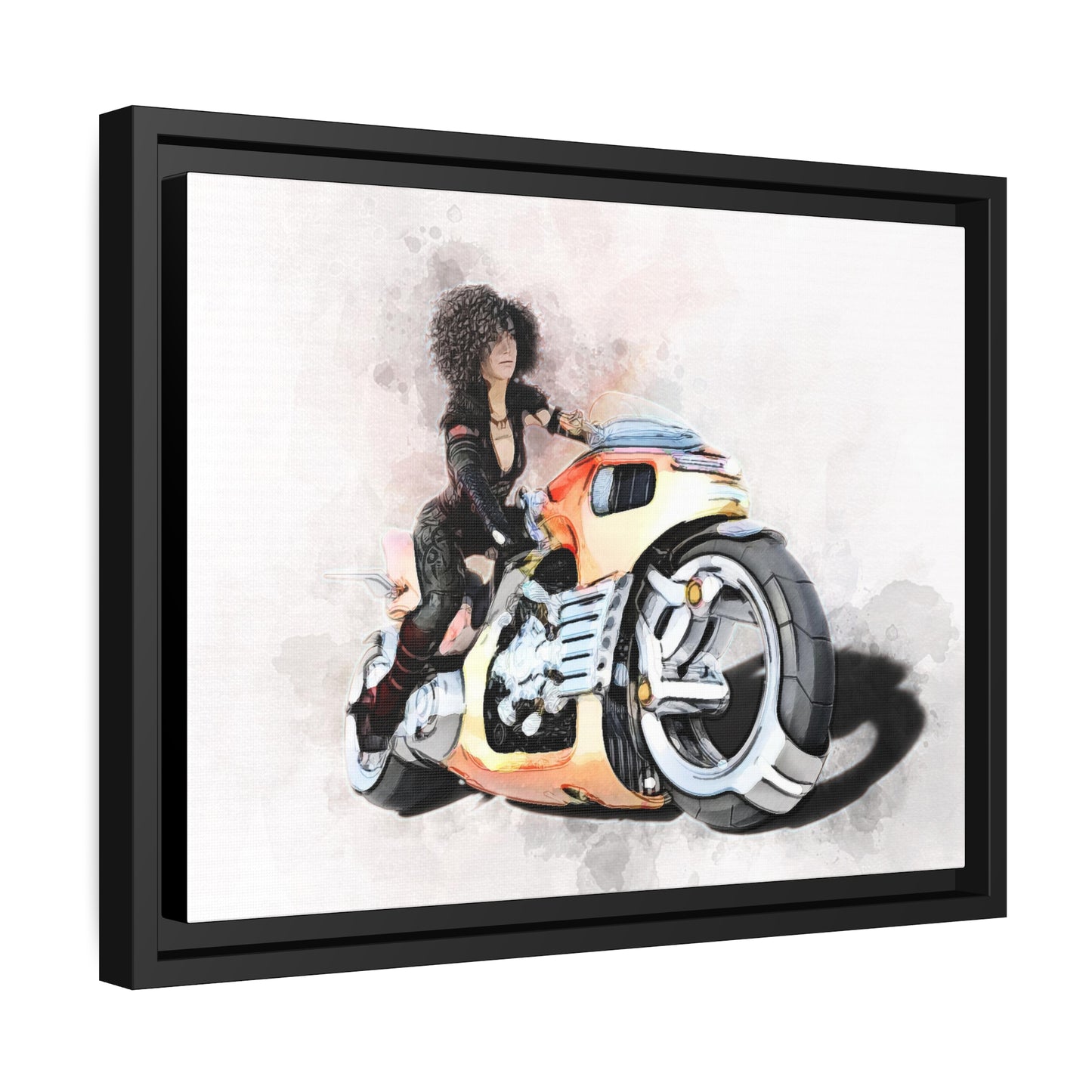 Woman Motorcycle Matte Canvas, Black Frame
