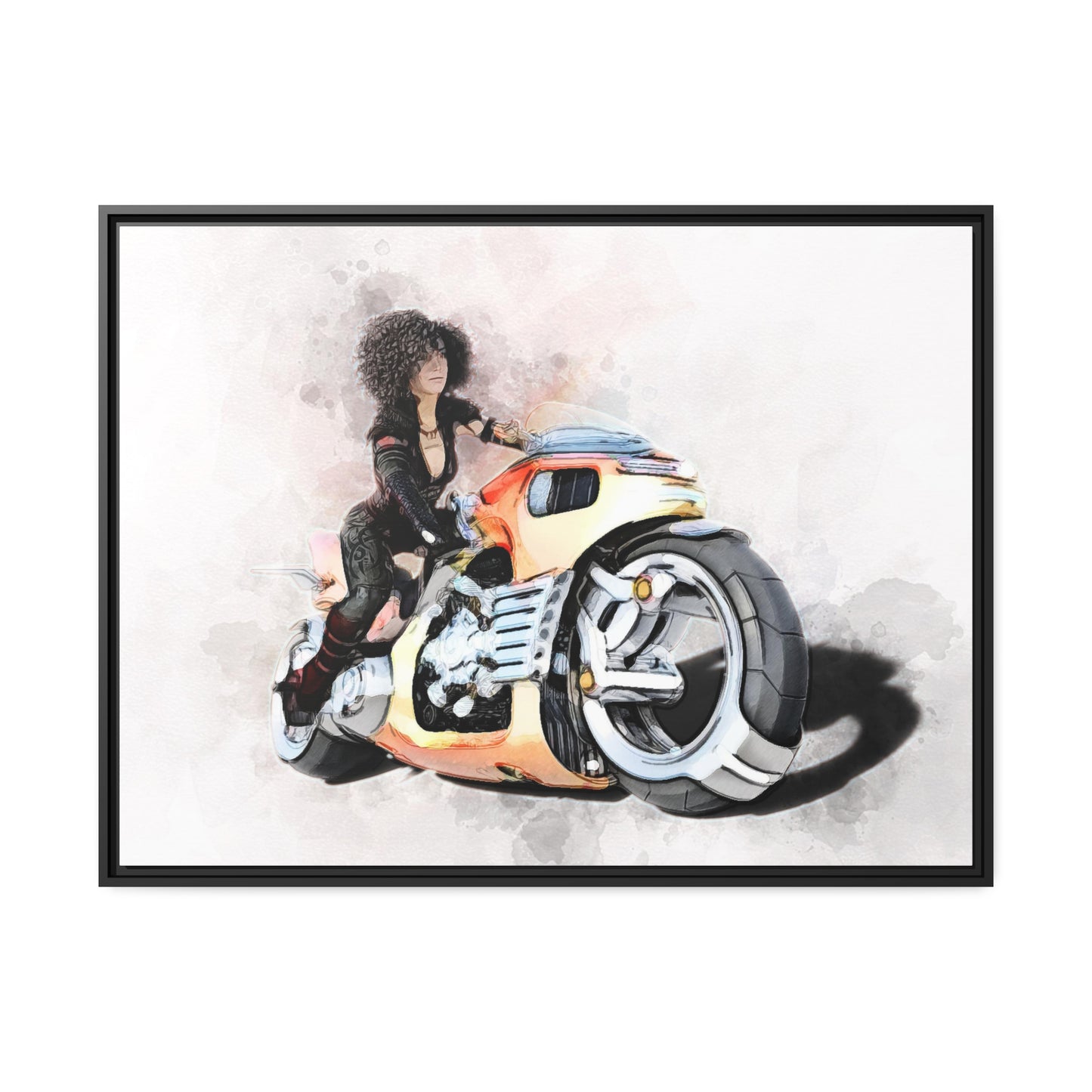 Woman Motorcycle Matte Canvas, Black Frame