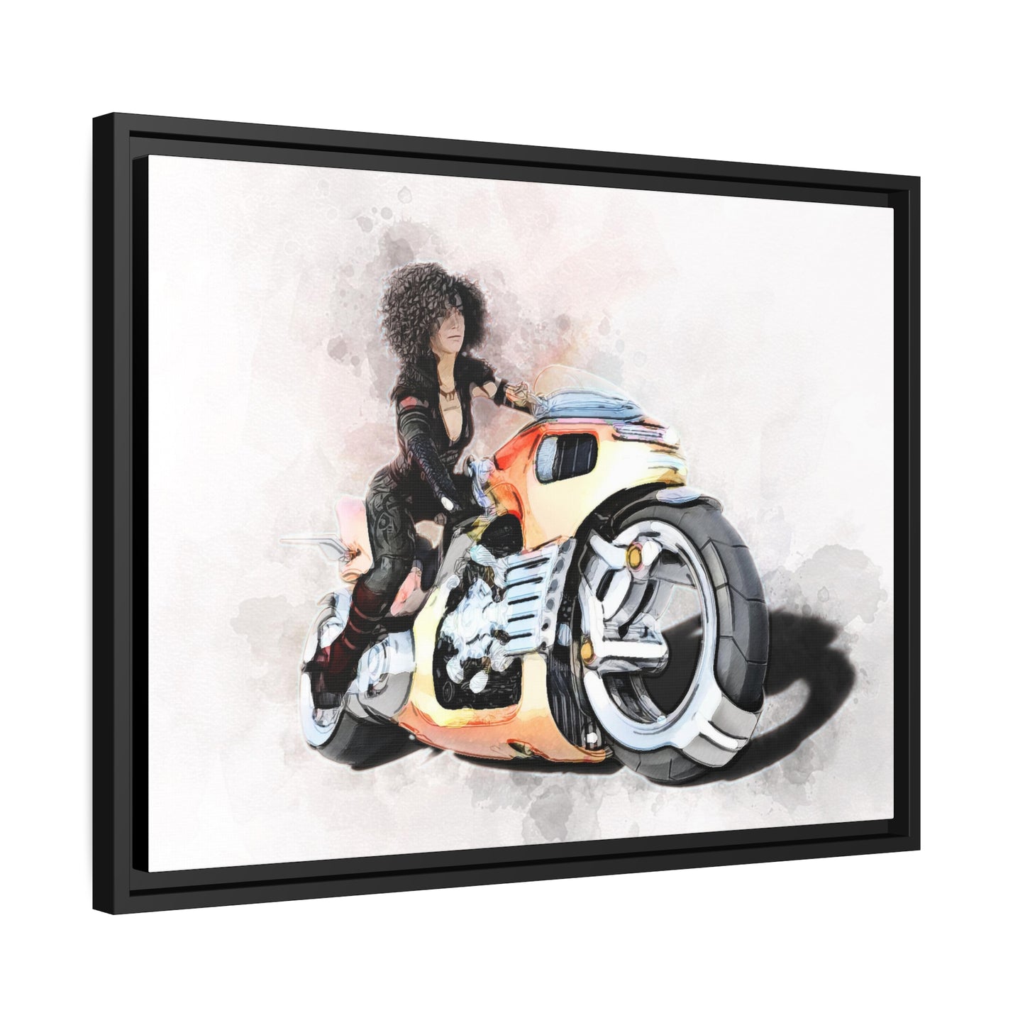 Woman Motorcycle Matte Canvas, Black Frame