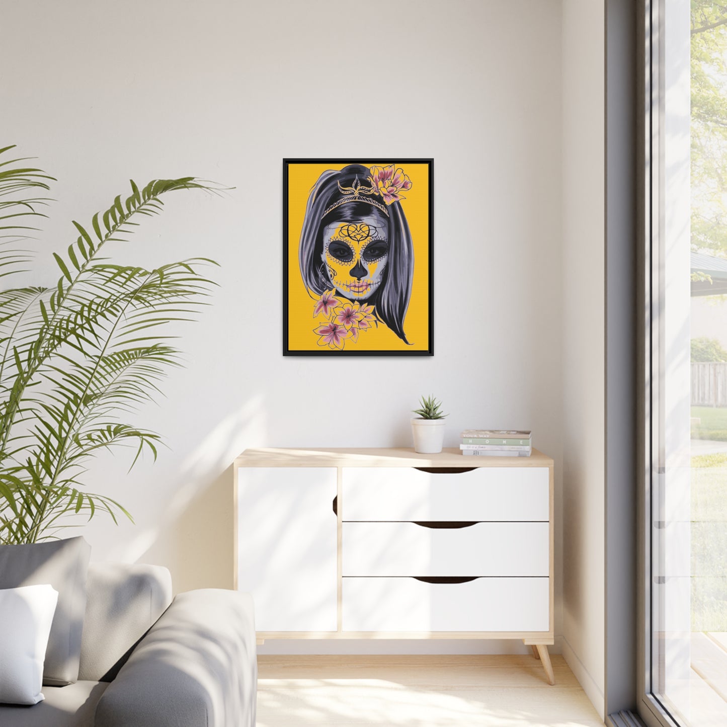 Lady Dead Mask Yellow Matte Canvas, Black Frame
